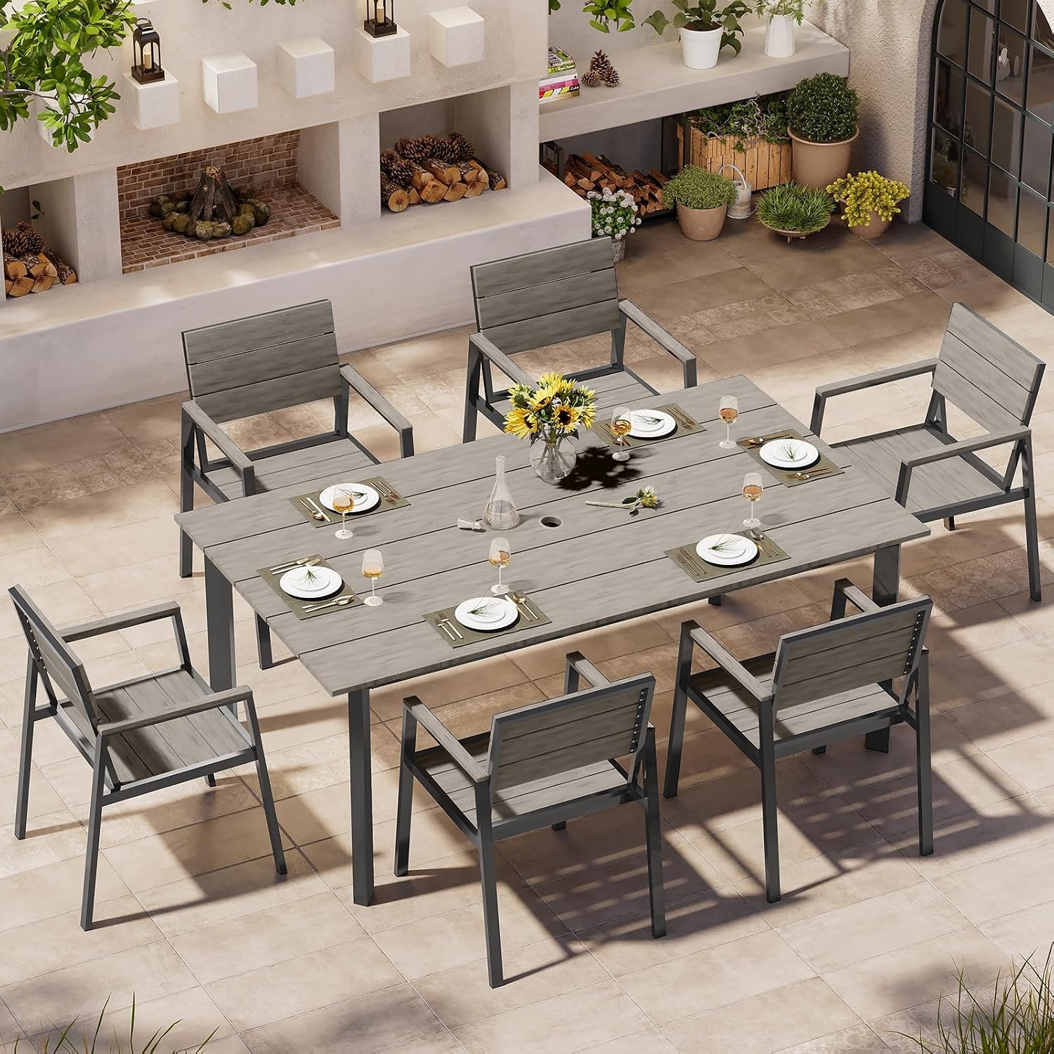 Outdoor Dining Set, Patio Table and Chairs Set with Umbrella Hole, 7 Pieces HDPS + Aluminum Patio Dining Furniture Set for Backyard, Garden (Gray)