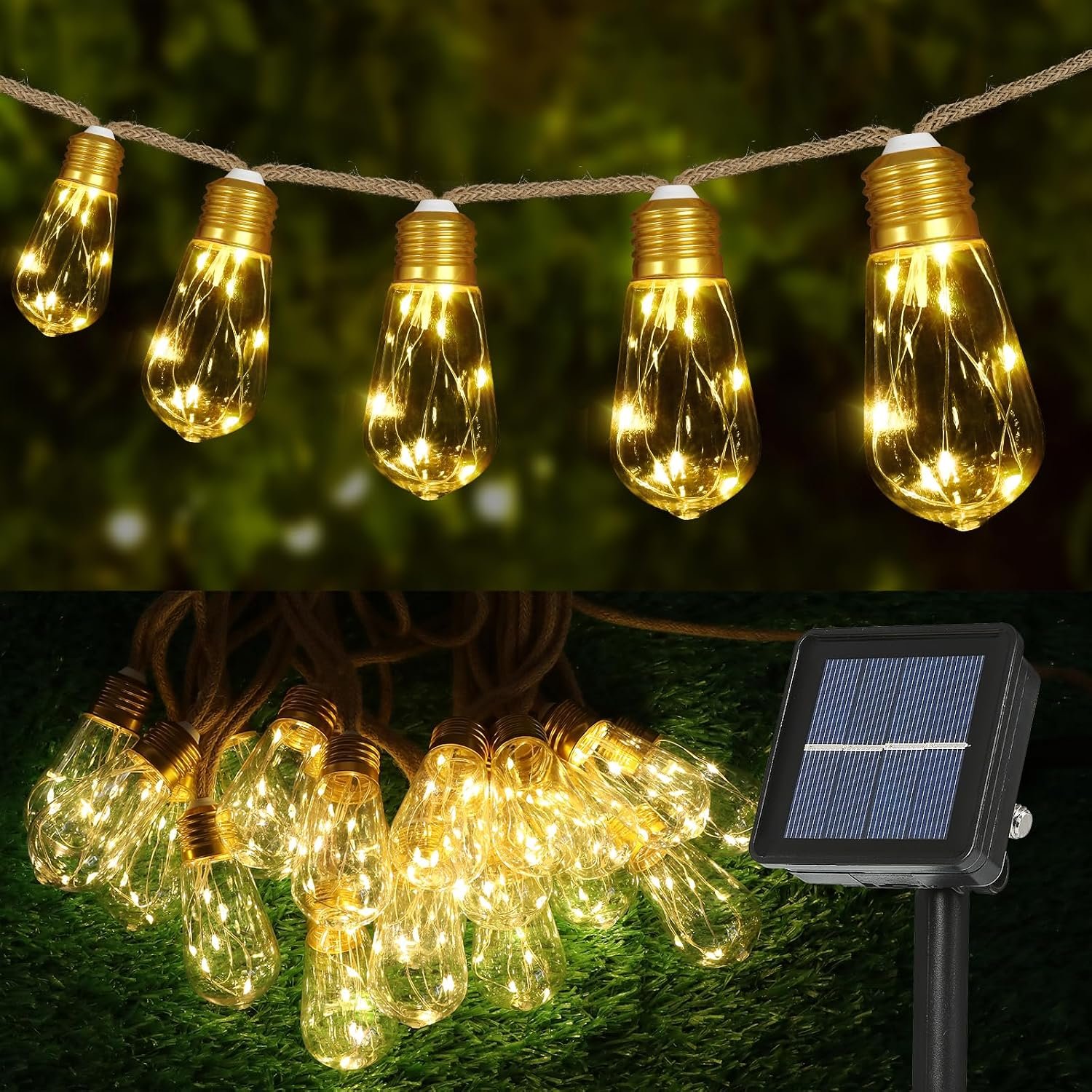 Solar String Lights, Solar Outdoor String Lights, 24FT Solar Powered Patio Lights with 20 Shatterproof Bulbs, Waterproof Vintage Rope Hemp & 8 Modes for Garden Fence Balcony Camping (Warm White)