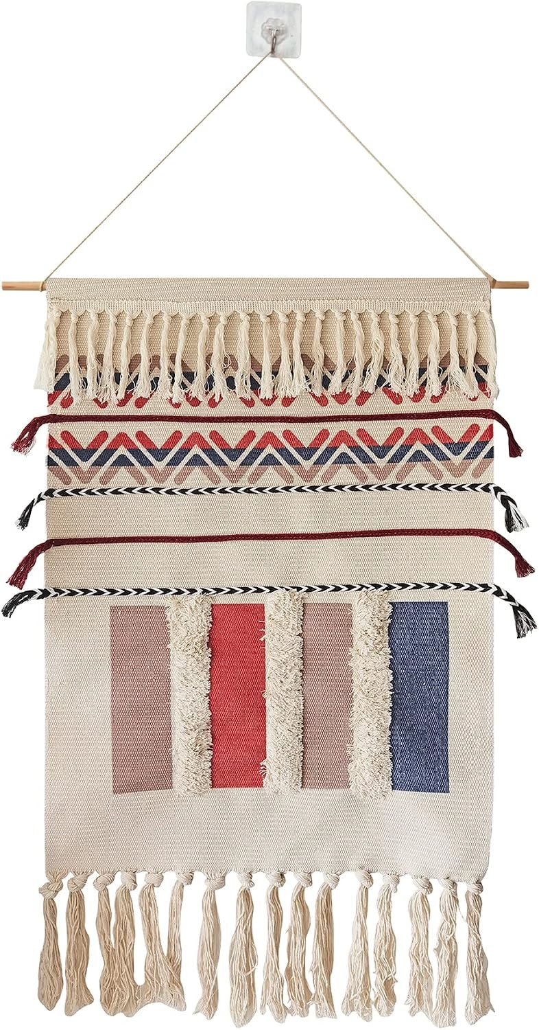 Macrame Woven Wall Tapestry Hanging Art, 20″ W x 34″ H Extra Large Boho Chic Bohemian Morocco Geometric Tapestries Decor for Apartment Dorm Kids Living Room Bedroom Door Entrance (Vertical Block-006)