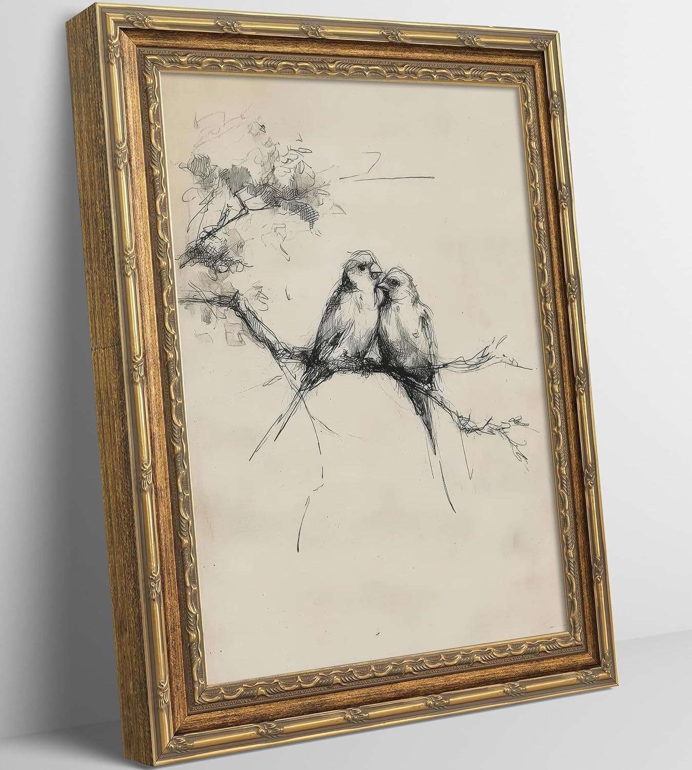 Vintage Gold Framed Sketch Bird Wall Art Farmhouse Minimalist Line Birds in Love on a Branch Prints Painting Neutral Drawing Wall Decor for Gallery Bedroom Office Living Room Decor Ready to hang