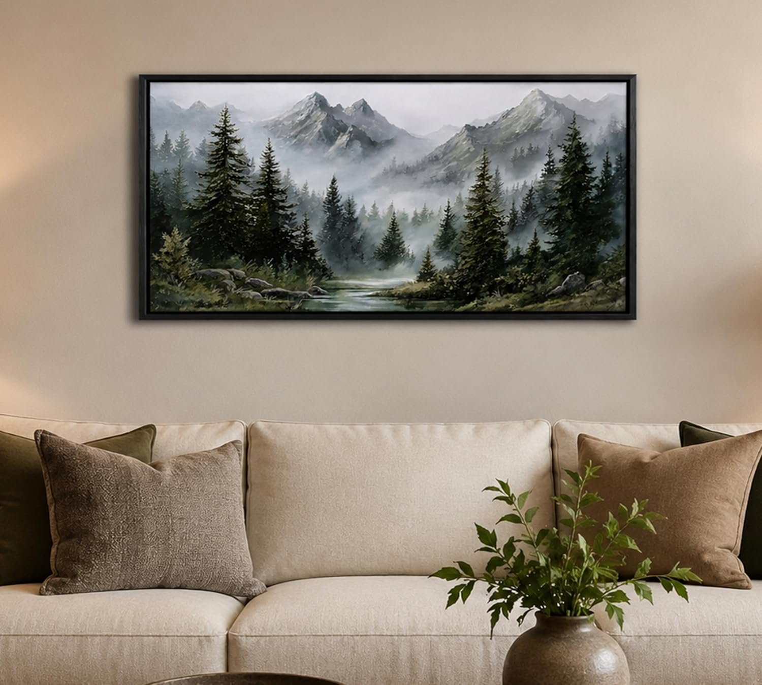 Framed Misty Forest Mountain Landscape Canvas Wall Art 16×32 Inch