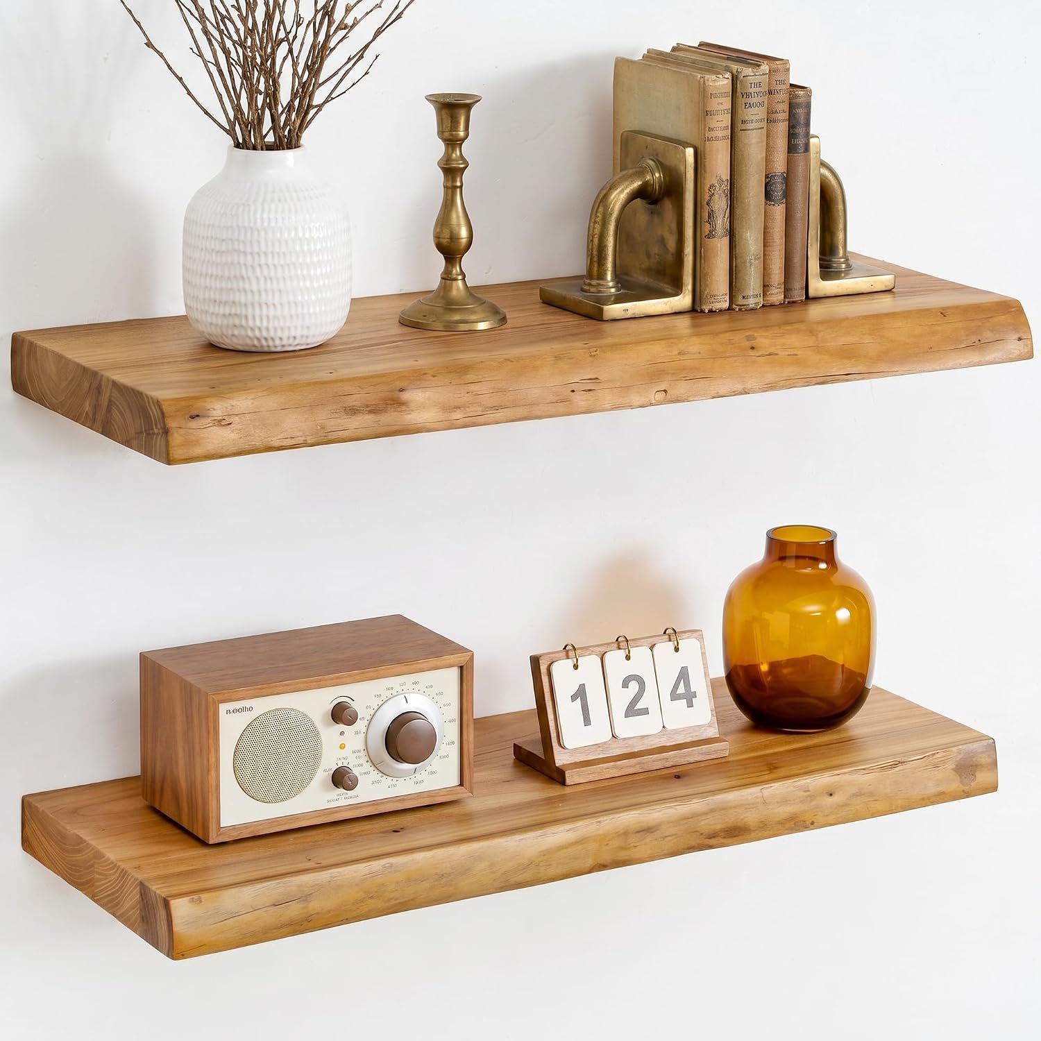Dreamland Floating Shelves 24 Inch Long, Rustic Solid Elm Wood Live Edge Floating Shelf Wall Mounted, Wall Shelves Set of 2 with Invisible Bracket for Living Room Bathroom Kitchen, Natural