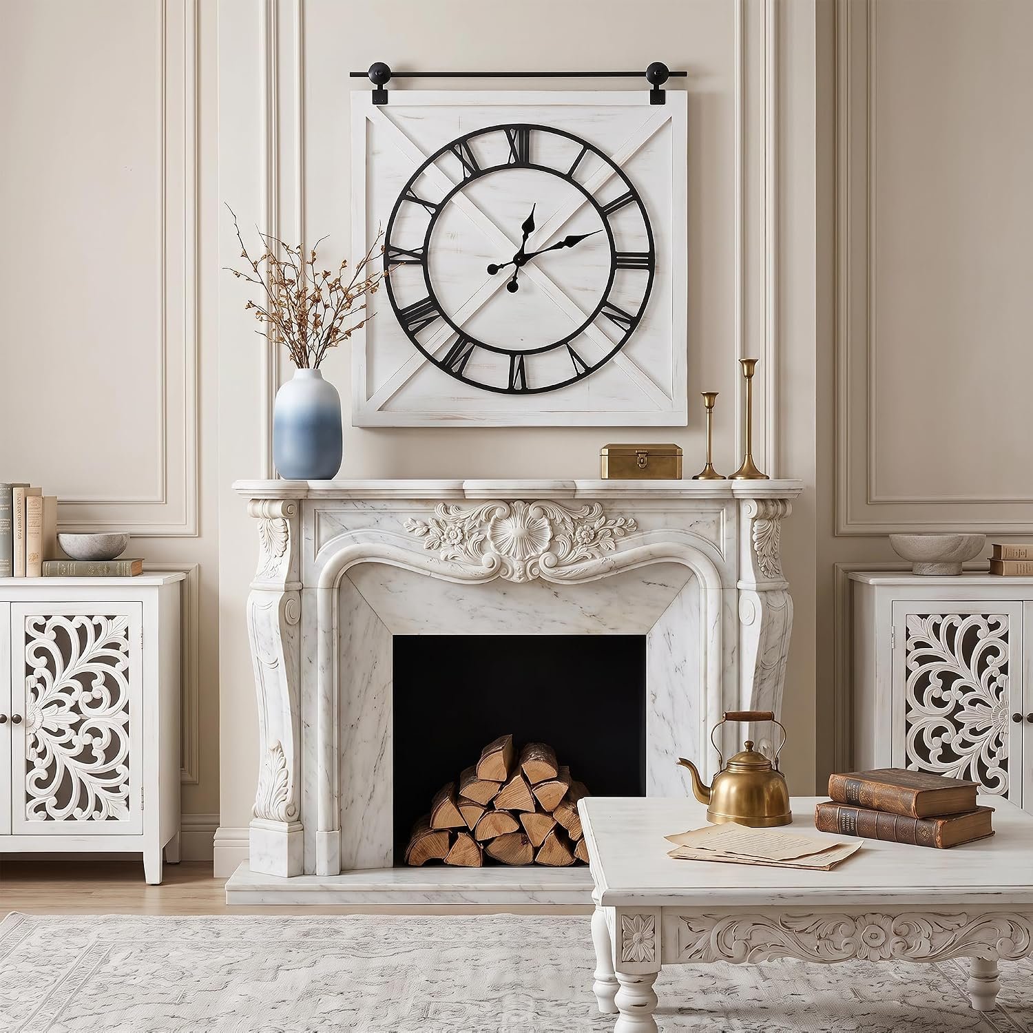 FLORA Large Farmhouse Wall Clock,Rustic Barn Door Wall Clocks for Living Room Decor, Battery Operated 29.5″ H x 27″ W, Whitewash