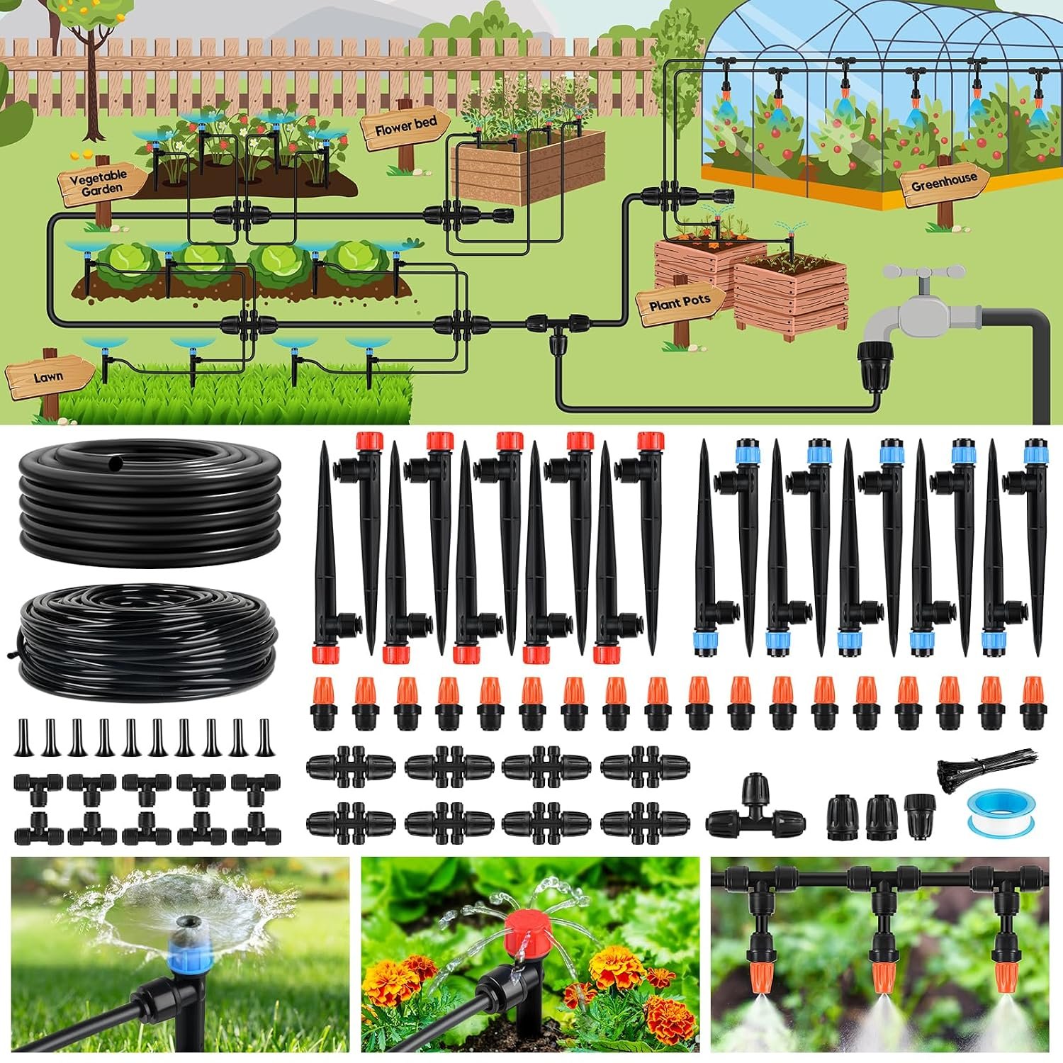 240FT Drip Irrigation System for Garden, 2026 Upgraded Quick-Connect Automatic Garden Watering System with 1/2″ & 1/4″ Tubing and Adjustable Nozzle Emitters for Greenhouse, Yard, Lawn, Raised Bed