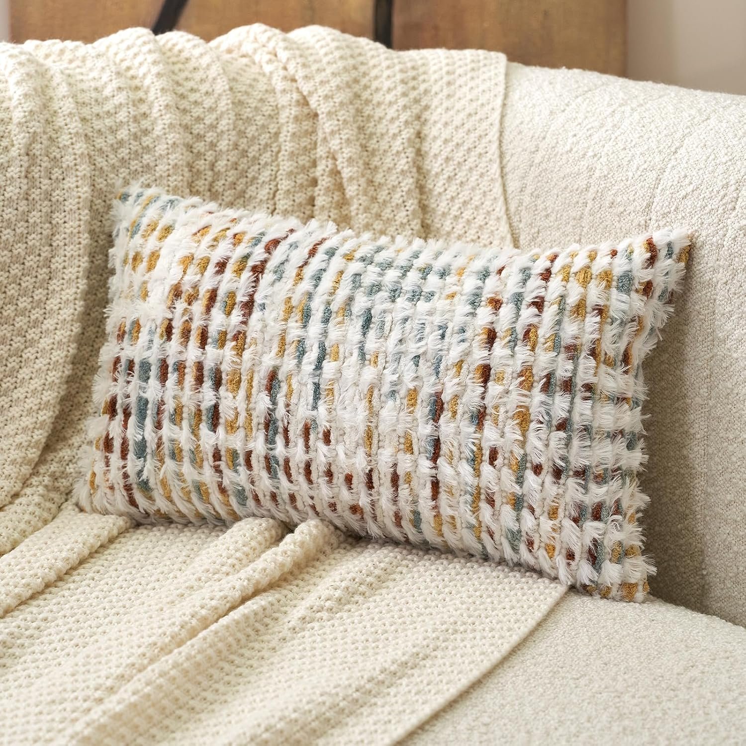Aeckself Boho Chenille Tufted Pillow Cover 12 x 20 Inch, Rectangle Decorative Lumbar Throw Pillow Cover Neutral Pillowcase for Couch Bedroom Living Room, Orange White