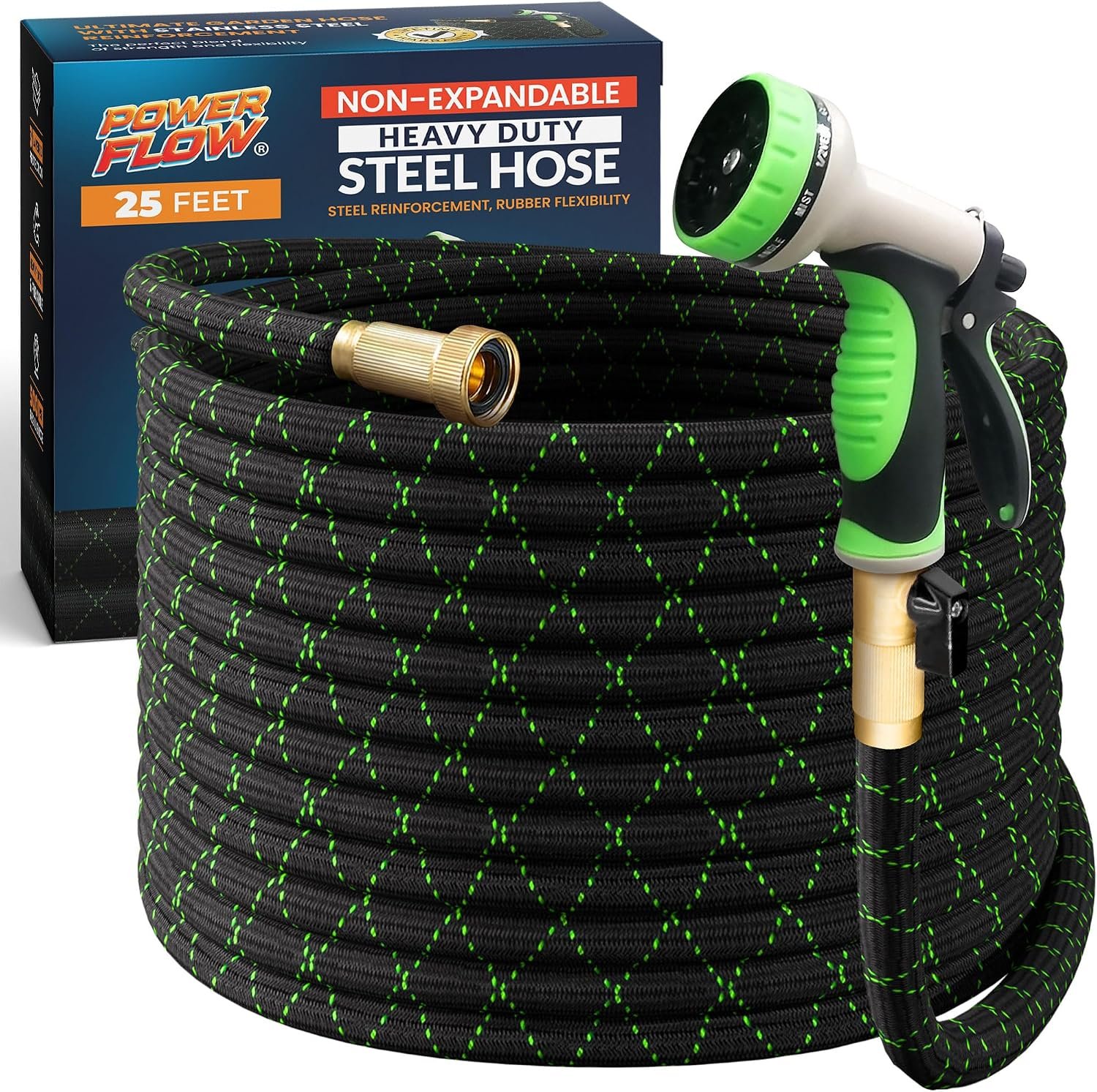 Non-Expandable Garden Hose 25 Ft, Stainless Steel Metal, Kink-Free Black
