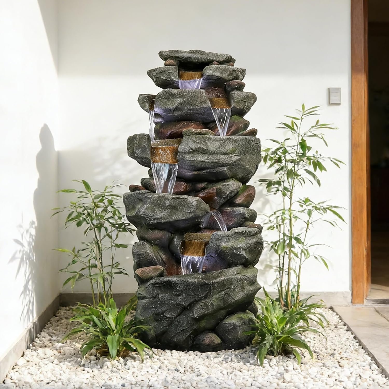 Naturefalls 40.55inches High Outdoor Rock Water Fountain with LED Lights – 6-Tiers Poly-Resin Cascading Waterfall Fountain for Garden, Patio, Yard, Home Decor