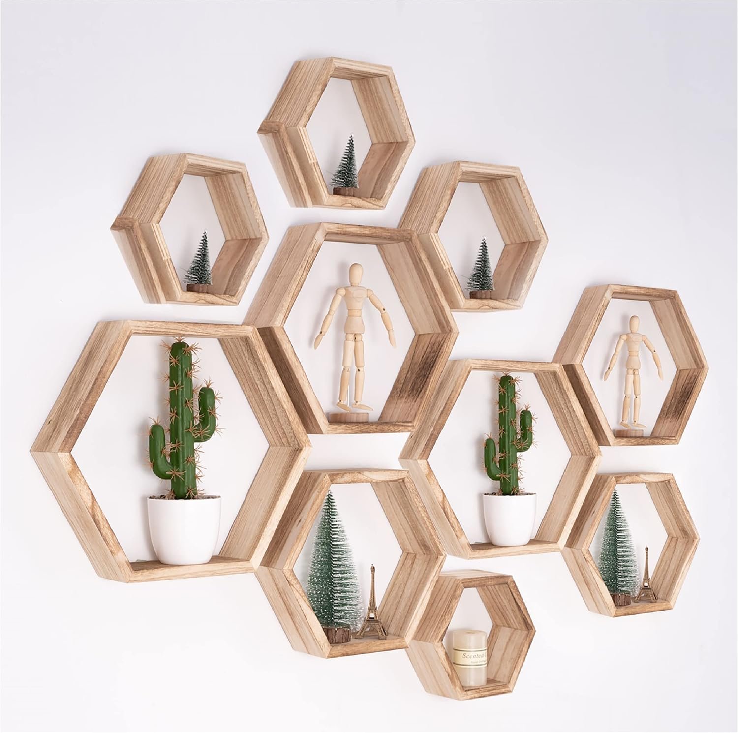 WONFUlity Hexagon Floating Shelves – Honeycomb Wall Mounted Wood Farmhouse Storage for Bathroom, Kitchen, Bedroom, Living Room – Driftwood Finish Decor, Light Brown