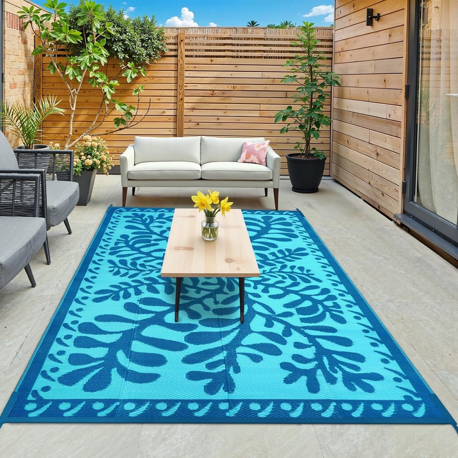 Anidaroel Outdoor Area Rug for Patio Clearance 6×9 Waterproof, Reversible Plastic Straw Rug Outside Rug, RV Mat for Camping, Porch, Balcony, Pool Deck, Backyard (Blue,6’x9’)