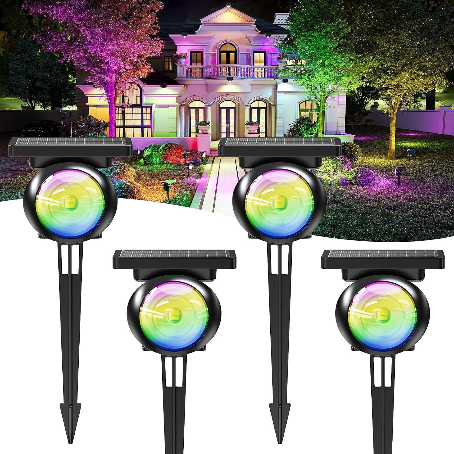Focusing Solar Spot Lights Outdoor Waterproof, RGB+3CCT Tree Uplights 4Pack