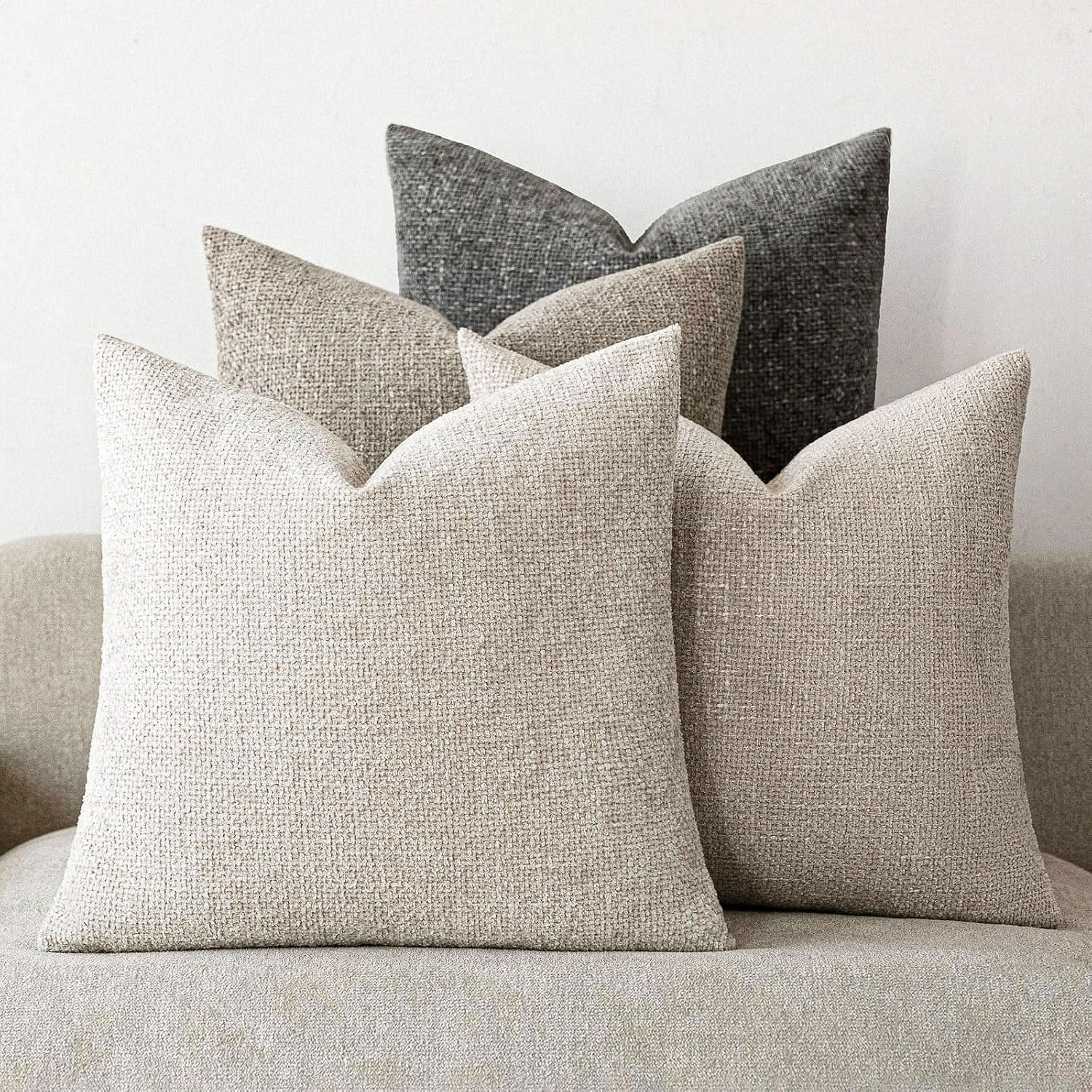 18×18 Chenille Throw Pillow Covers, Pack of 4, Neutral Beige/Grey Series