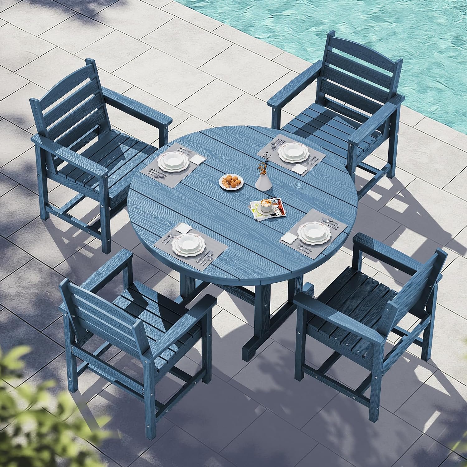 SERWALL 5-Piece Patio Round Dining Set, 45″ Table, 4 Chairs, Navy
