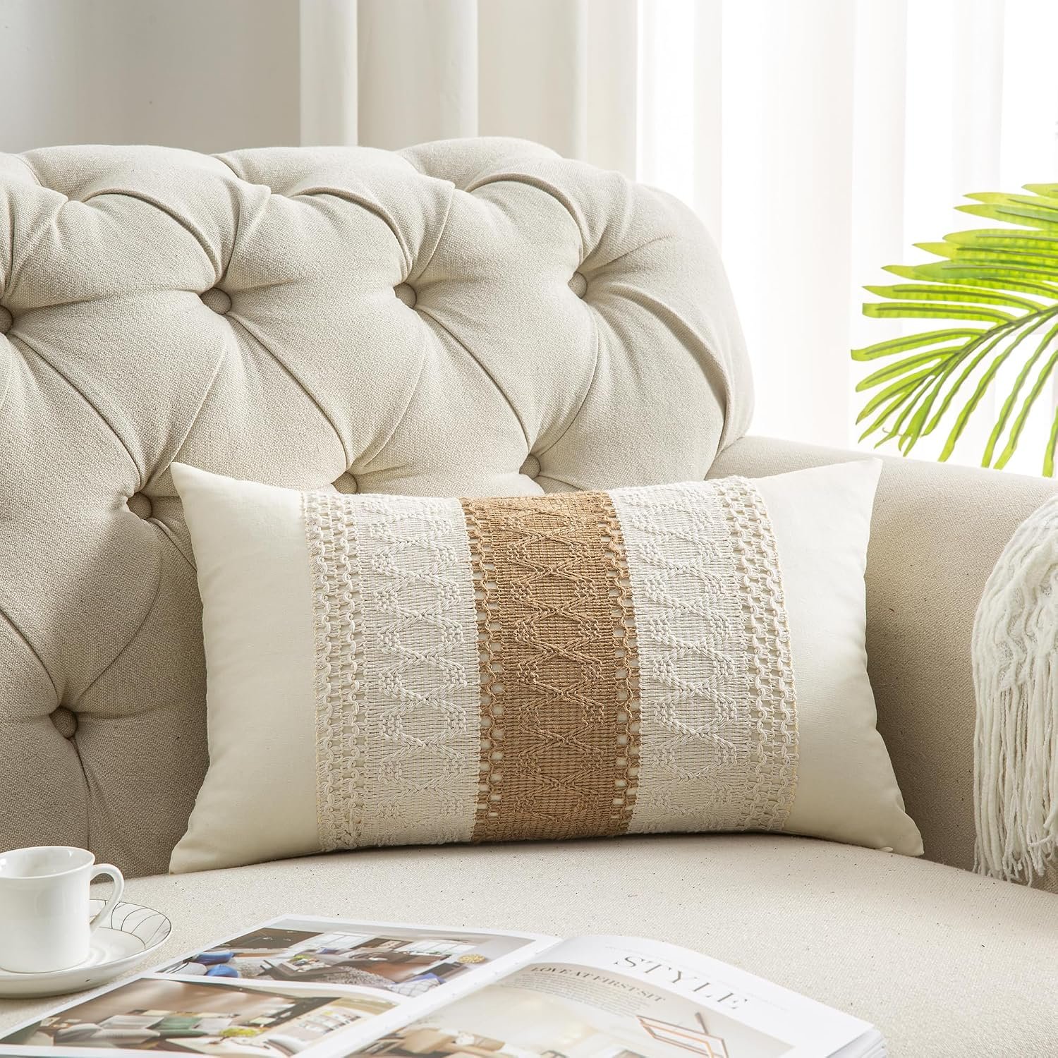Lumbar Throw Pillow Covers Set of 1 (Beige & Brown, 12×20 Inch)