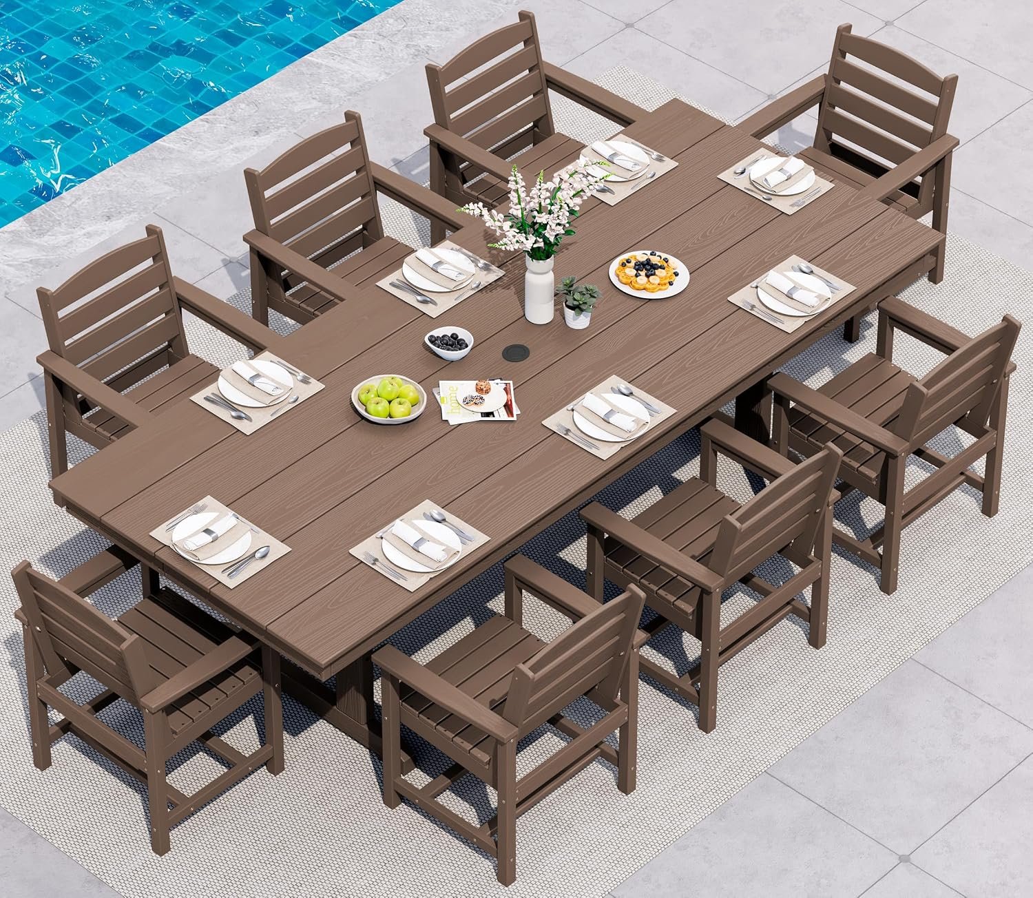 SERWALL 9Pcs 84″ HDPE Outdoor Dining Set for 8 with Armchairs,Brown