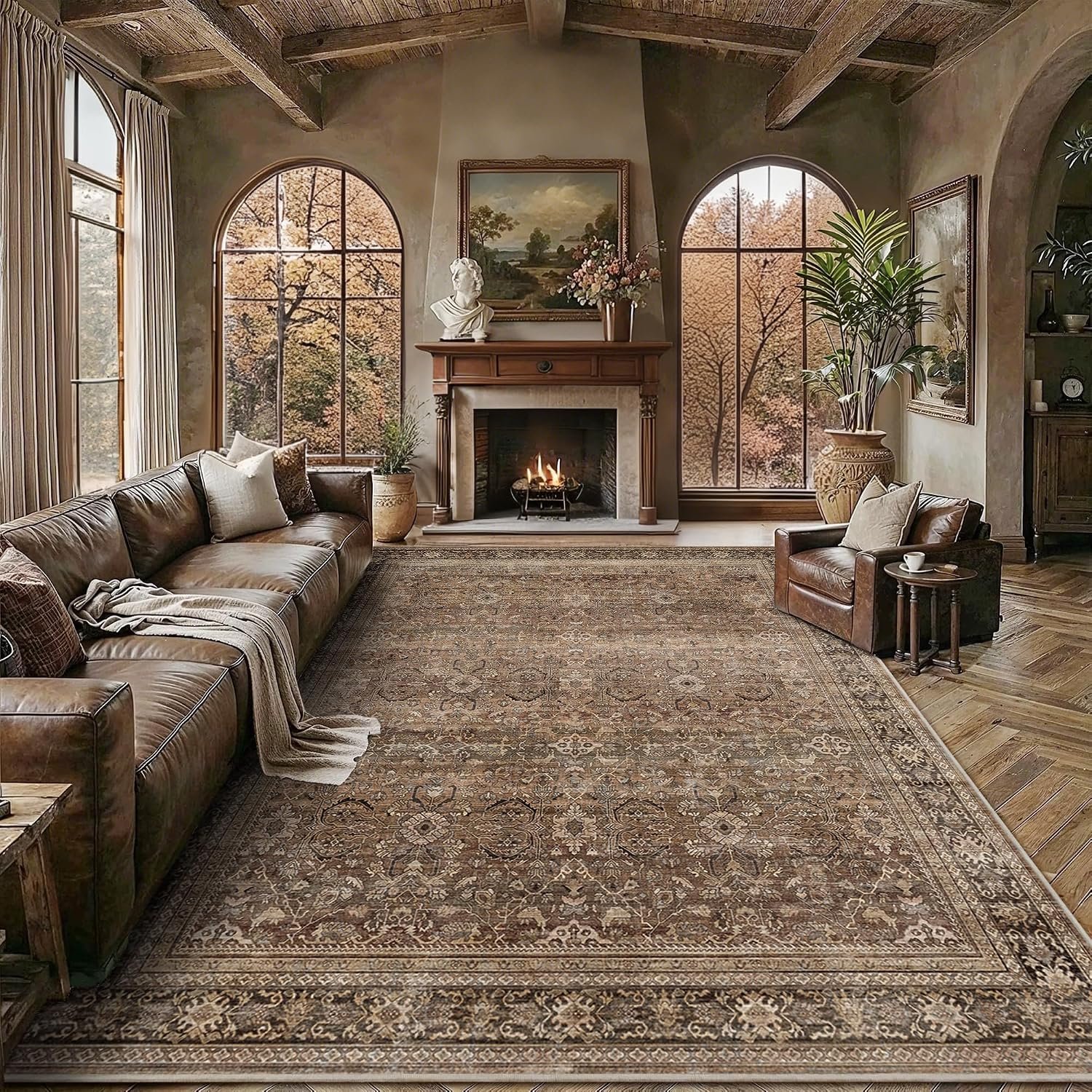 Schweek 8×10 Brown Area Rugs Washable Vintage Large Rug for Living Room