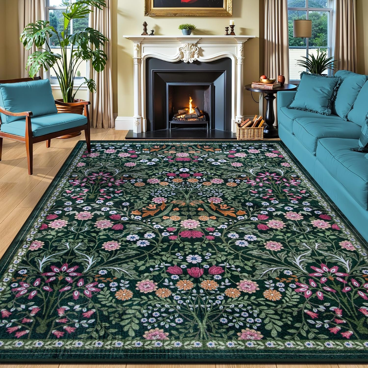 PLHXFR 8×10 Area Rug Living Room: Floral Washable Boho Carpet Dark Green