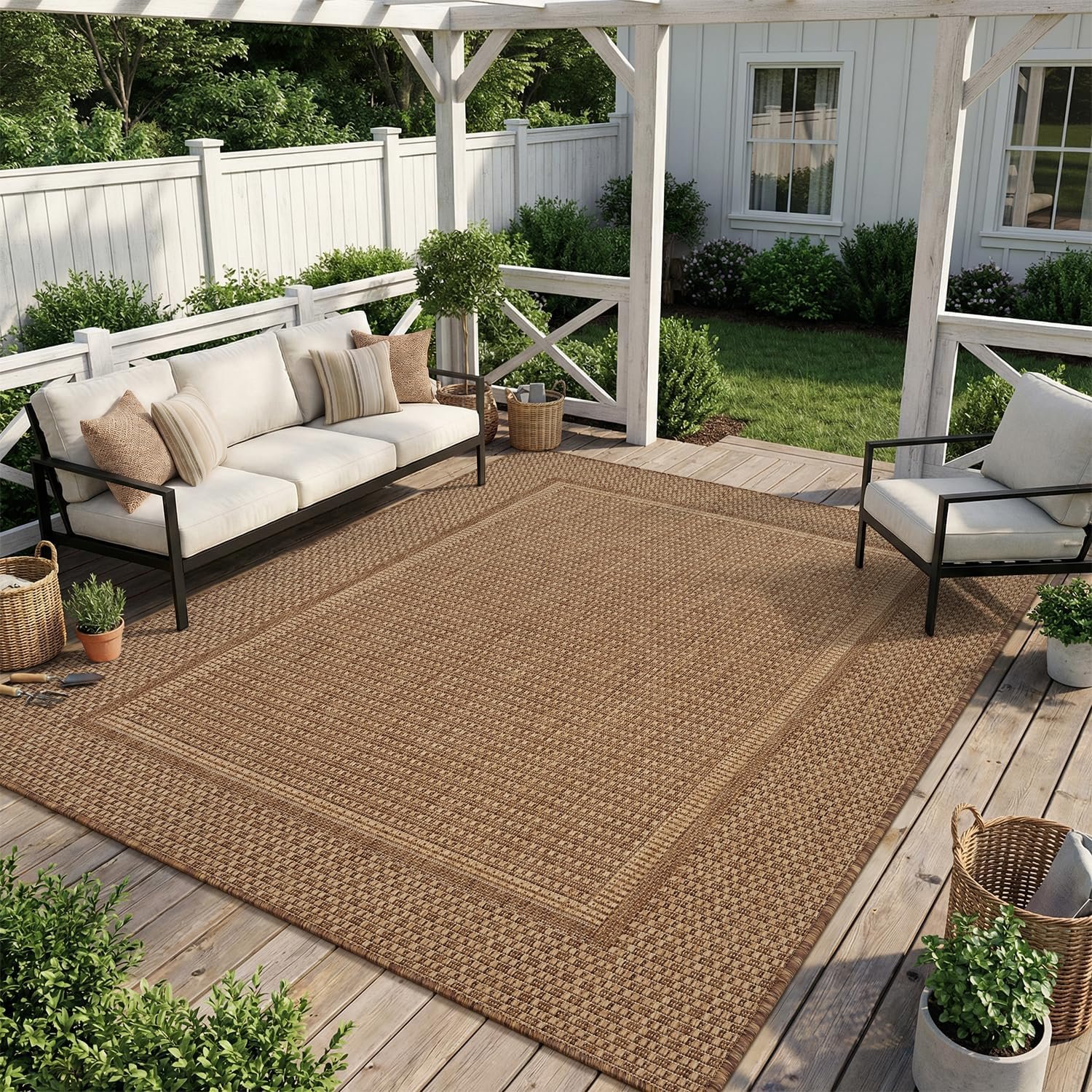 MontVoo-Outdoor Rug-Patio Rug 5×7 ft Polypropylene Indoor Outdoor Rugs Outdoor Carpet for Patio Deck Balcony Porch, Textured Weave, Durable for High Traffic, Fade-Resistant, Modern Neutral Brown