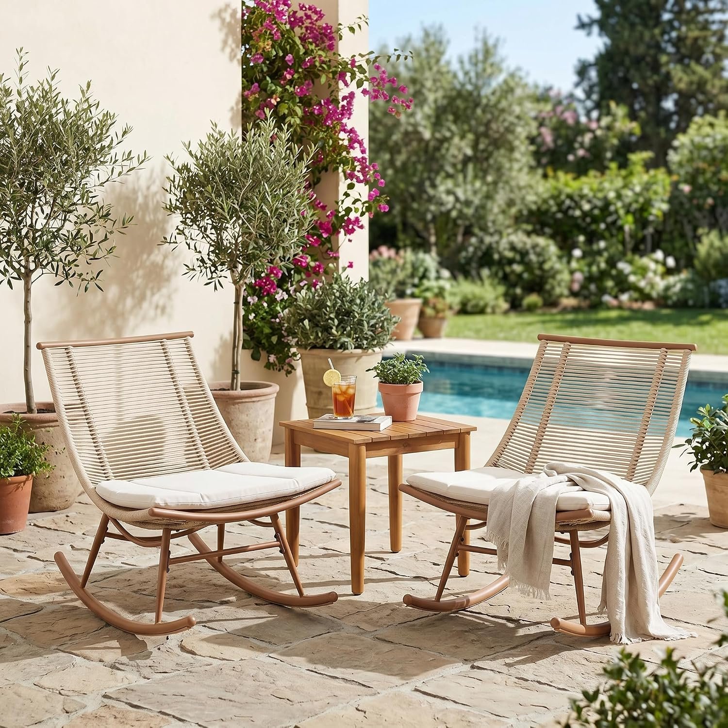Christopher Knight Home Joel Arc Rocking Chairs & Acacia Wood Side Table Set, PE Rattan+Iron Frame Rocker Chairs Set of 2 with Cushions, Patio Furniture Set with Slat Coffee Table, Brown+Beige+Teak