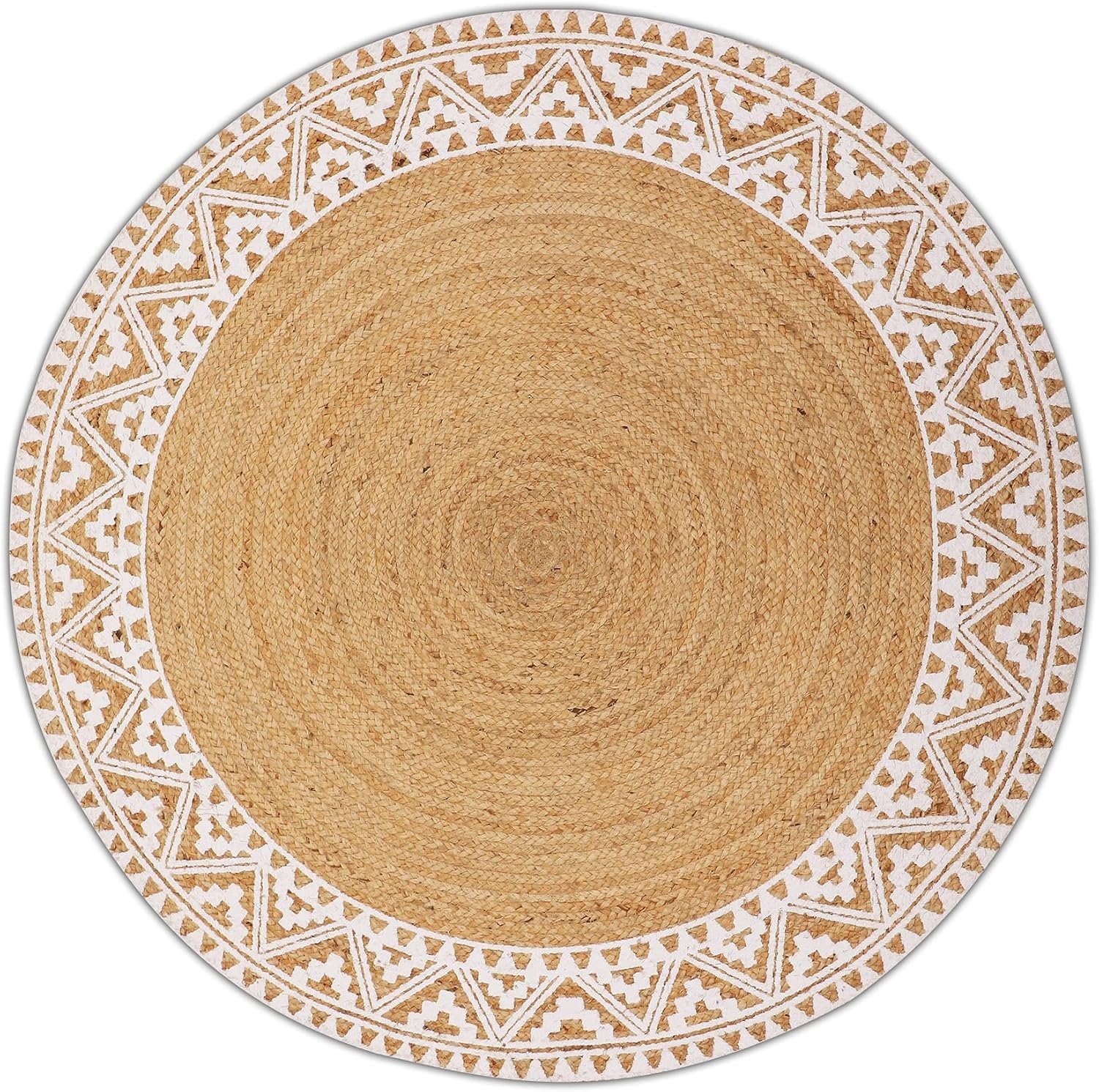 voyzz home Premium Natural Jute Braided Area Rug, 4-feet Round, White Printed Border, Stain Resistance, Natural Handmade Rug for Entryways, Living Room, Dining Room, Bedroom, Farmhouse, Kitchen