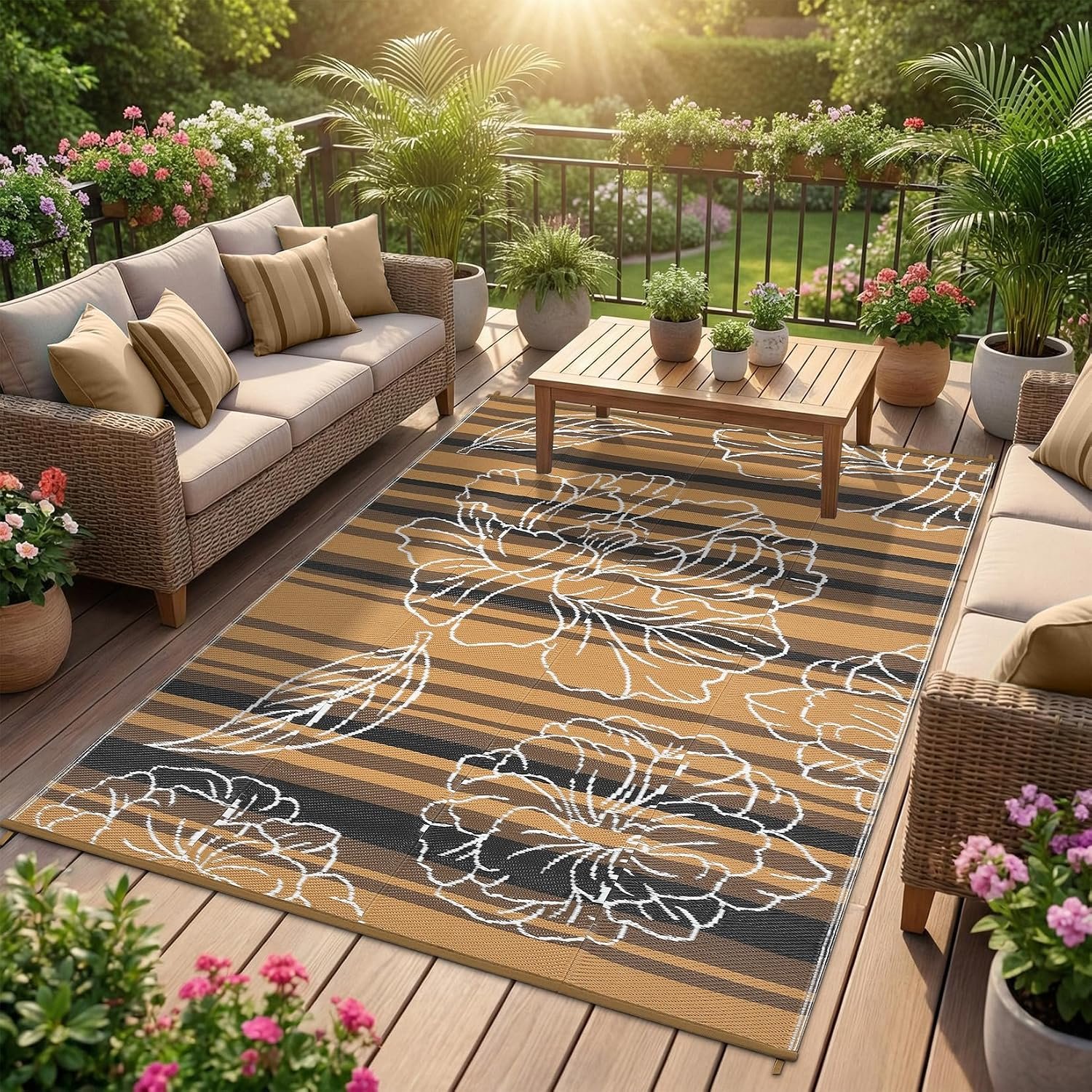 Garvee 5×8 Outdoor Waterproof Rug Reversible Straw Patio Rug Black&Brown