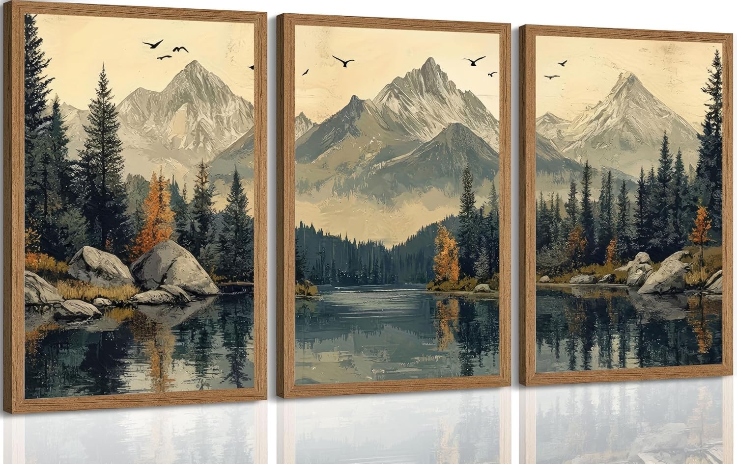 Pappus 3Pcs Natural Forest Poster Wall Art Vintage Green Woodland Landscape Painting Picture Wall Decor Misty Mountain Lake Scenery Canvas Print Artwork for Living Room Bedroom office Home Decoration