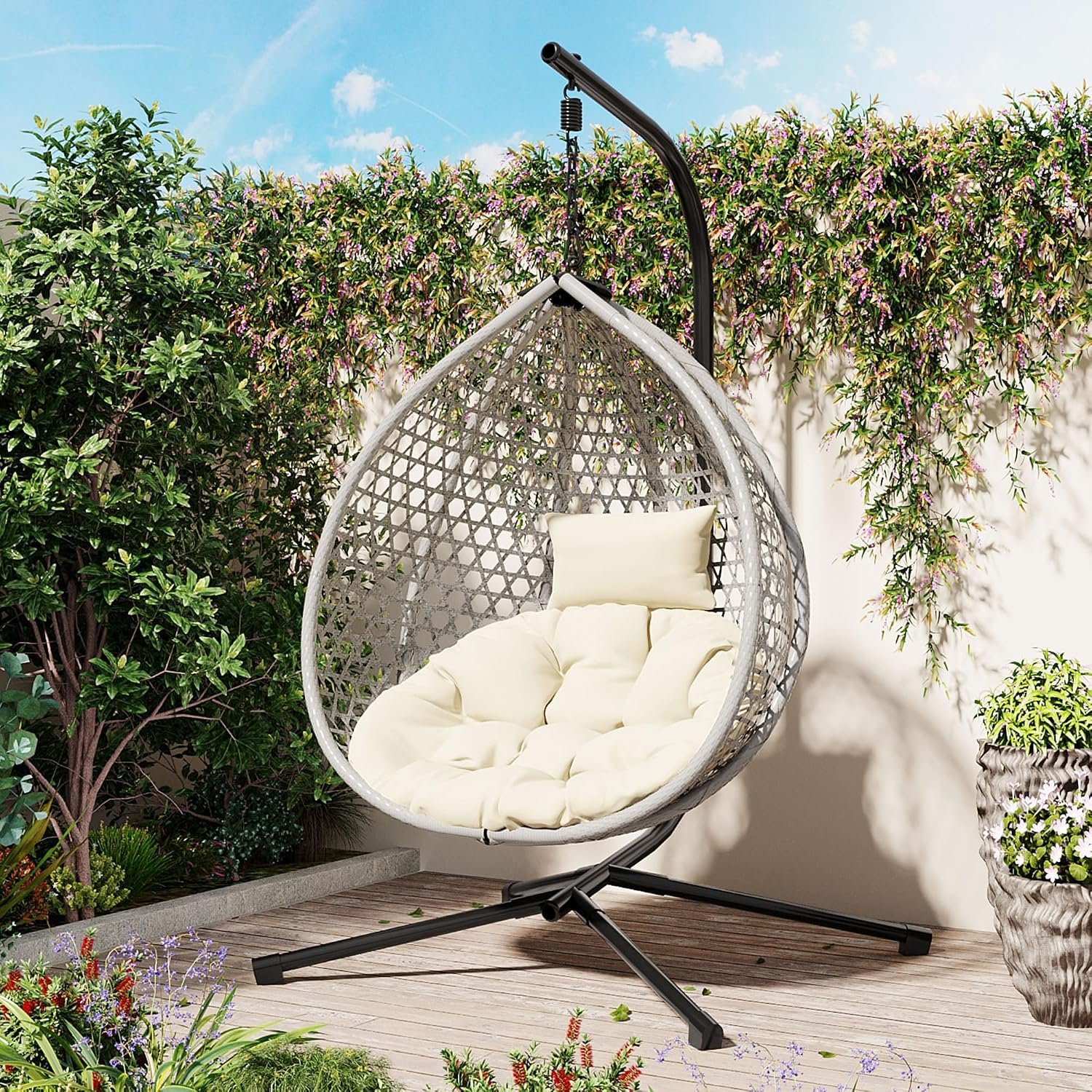 Merax Egg Hanging Chair with Stand, Indoor/Outdoor Swinging Wicker Hammock Chair for Patio, Garden, or Living Room