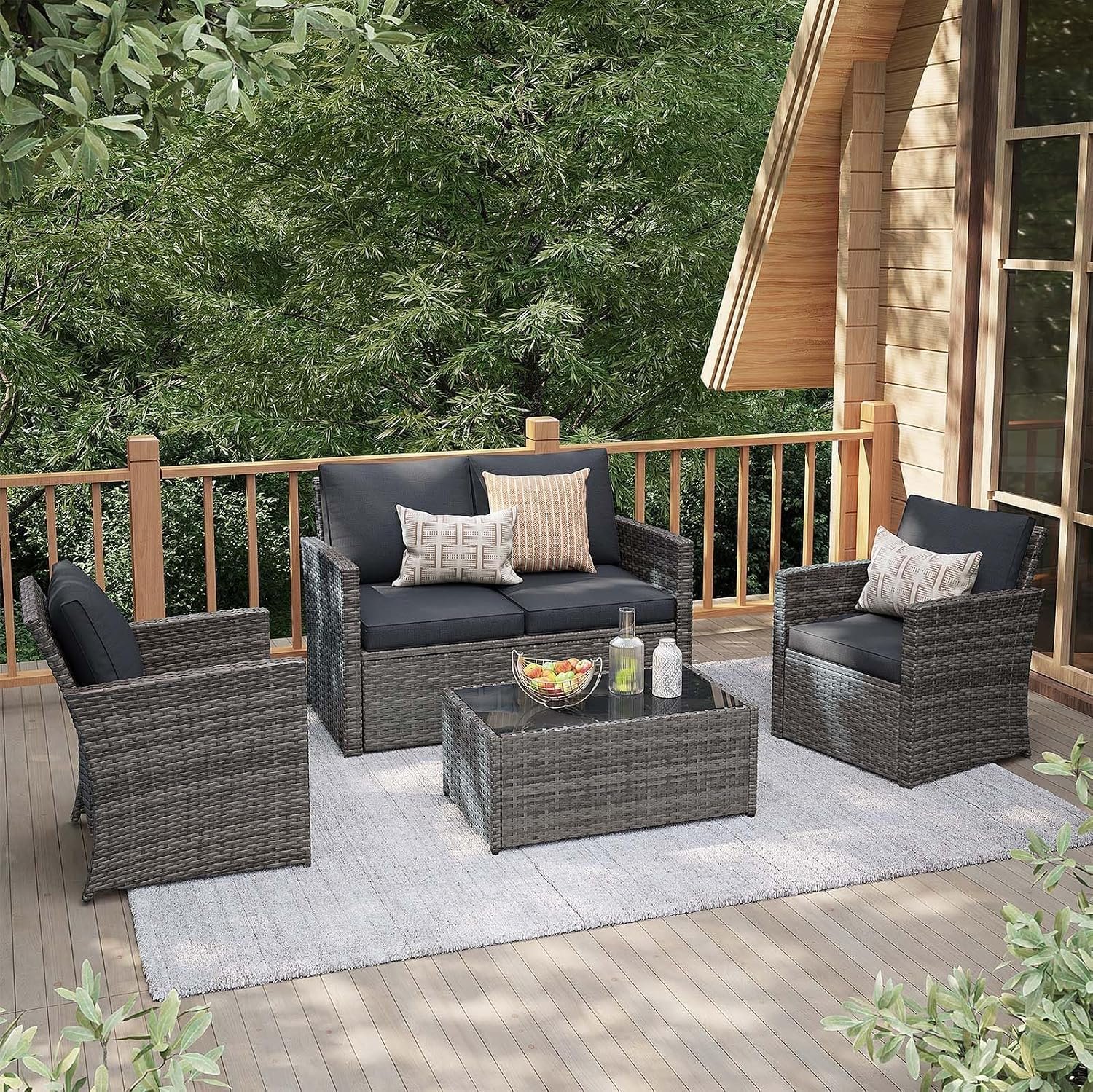 JOIVI 4 Piece Patio Furniture Set, Wicker Patio Conversation Set, Dark Gray