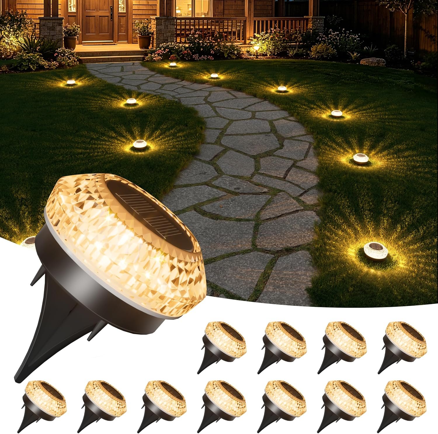 JOFIOS Mini Solar Ground Lights Outdoor,Flat Solar Pathway Lights 12 Pack
