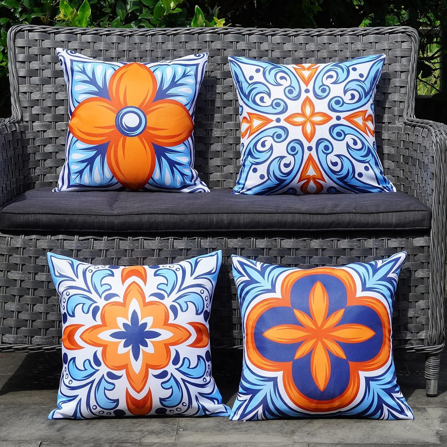 ONWAY Outdoor Pillow Covers Waterproof Set of 4 Floral Boho Decorative Throw Cushion Cover Farmhouse Pillows for Bench, Couch, Sunbrella and Patio Furniture (BlueOrange, 18×18 Inch)