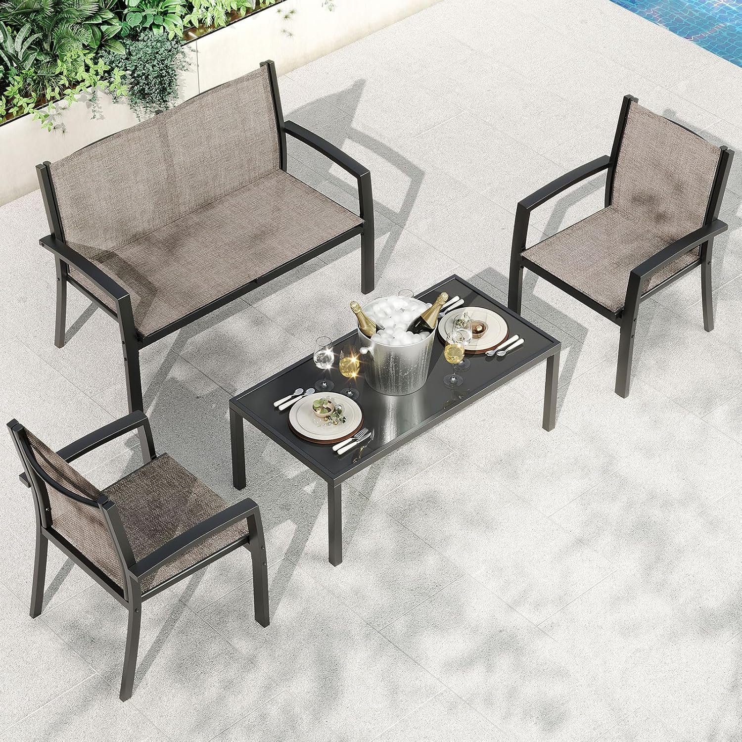 Garvee 4 Piece Patio Bistro Furniture Set, Outdoor Conversation Set with 3 Chairs, Loveseat & Glass Coffee Table, All-Weather Textilene Fabric & Steel Frame for Backyard, Poolside, Porch, Lawn – Brown