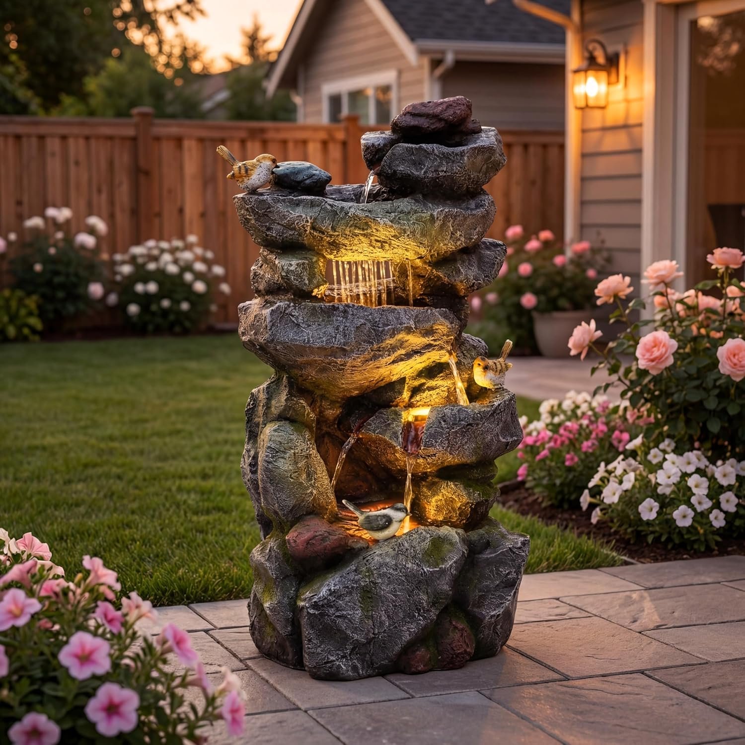 AUTODAYA 31.5″ H Multi-Tier Rock Outdoor Fountain with LED Lights&Birds