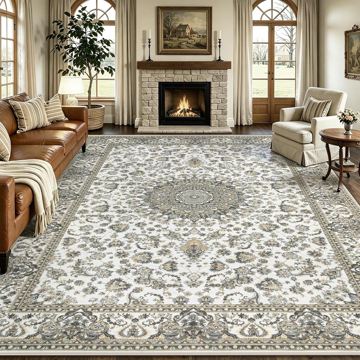 8×10 Area Rugs for Living Room: Washable Rug Vintage Floral Large Rugs for Bedroom Non Slip Soft Low Pile Carpet for Dining Room Office(BeigeBrown, 8’x10′)