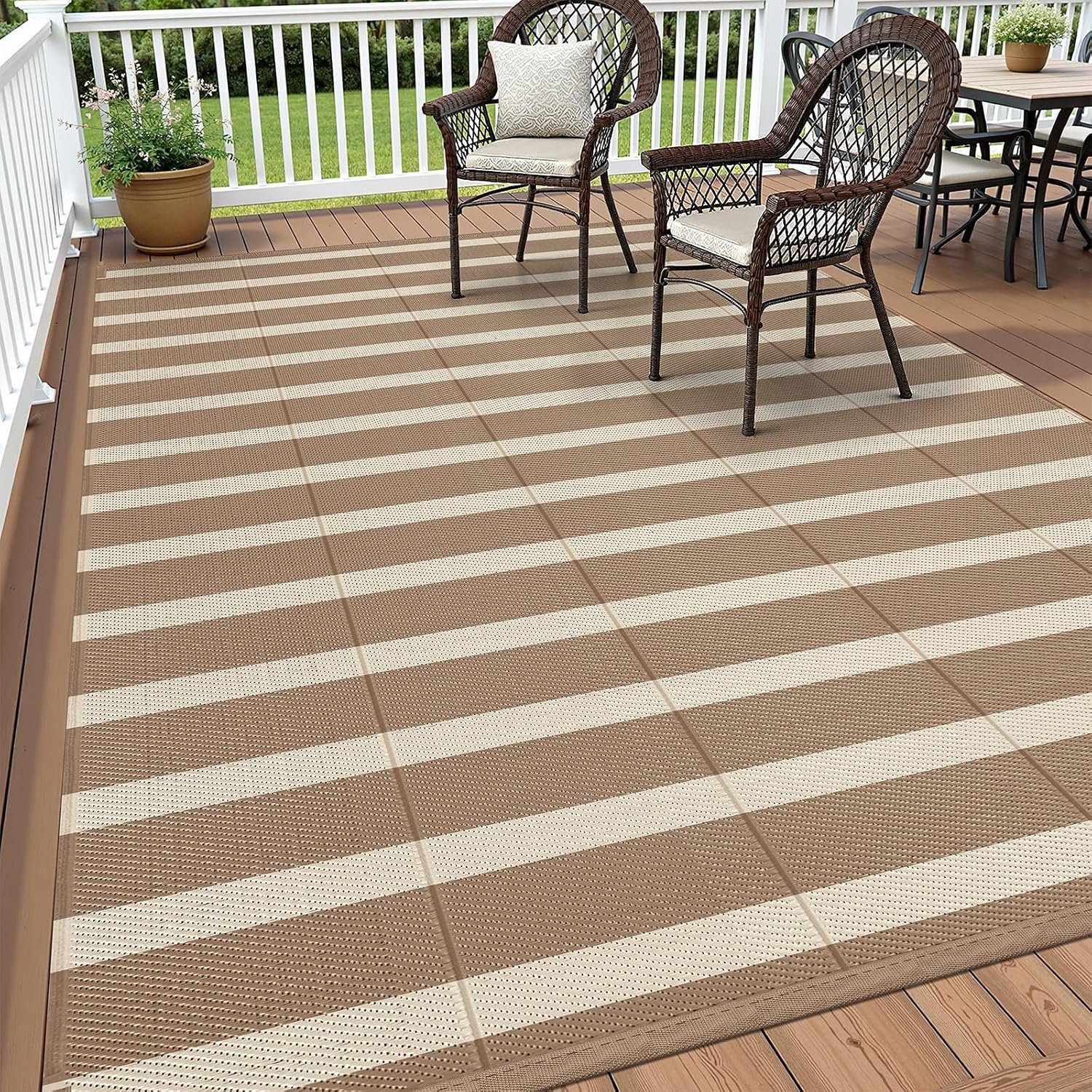 Vaukki Waterproof Outdoor Rug 5×8, Brown and Beige Striped Patio Mat