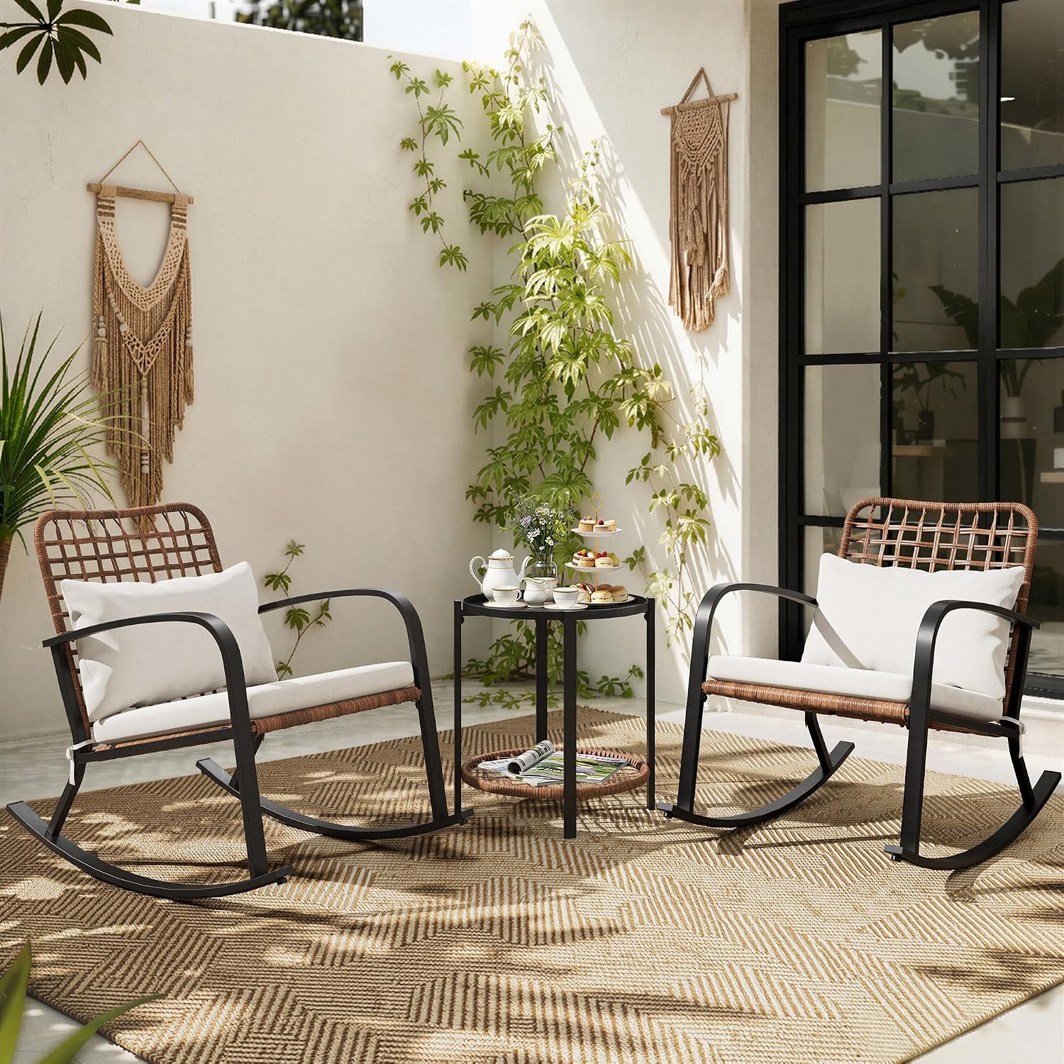 3 Piece Patio Bistro Set with Cushion, 2 Rocking Chairs with Table