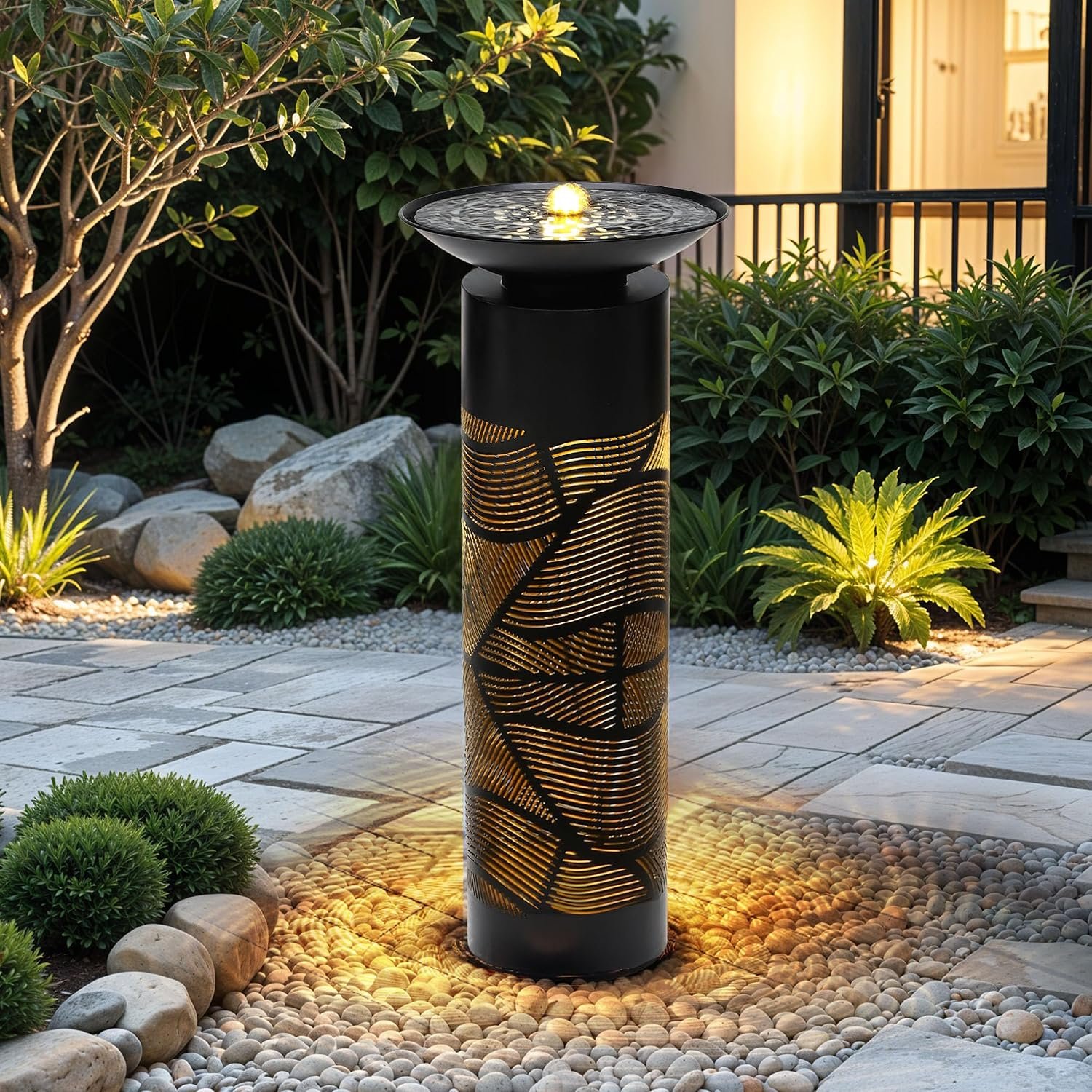 AUTODAYA 32″ H Metal Cutout Outdoor Fountain with Charming Lights & Shadow