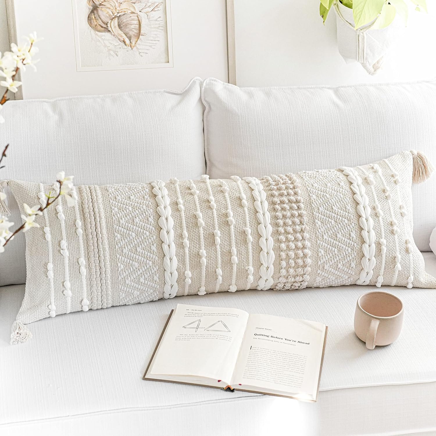 BlissBlush Cream Decorative Lumbar Throw Pillow Cover 14×36 Boho Long Cushion for Bed Neutral Beige White Accent Modern Farmhouse Pillowcase for Bedroom Living Room Couch Sofa Home Décor Cover ONLY