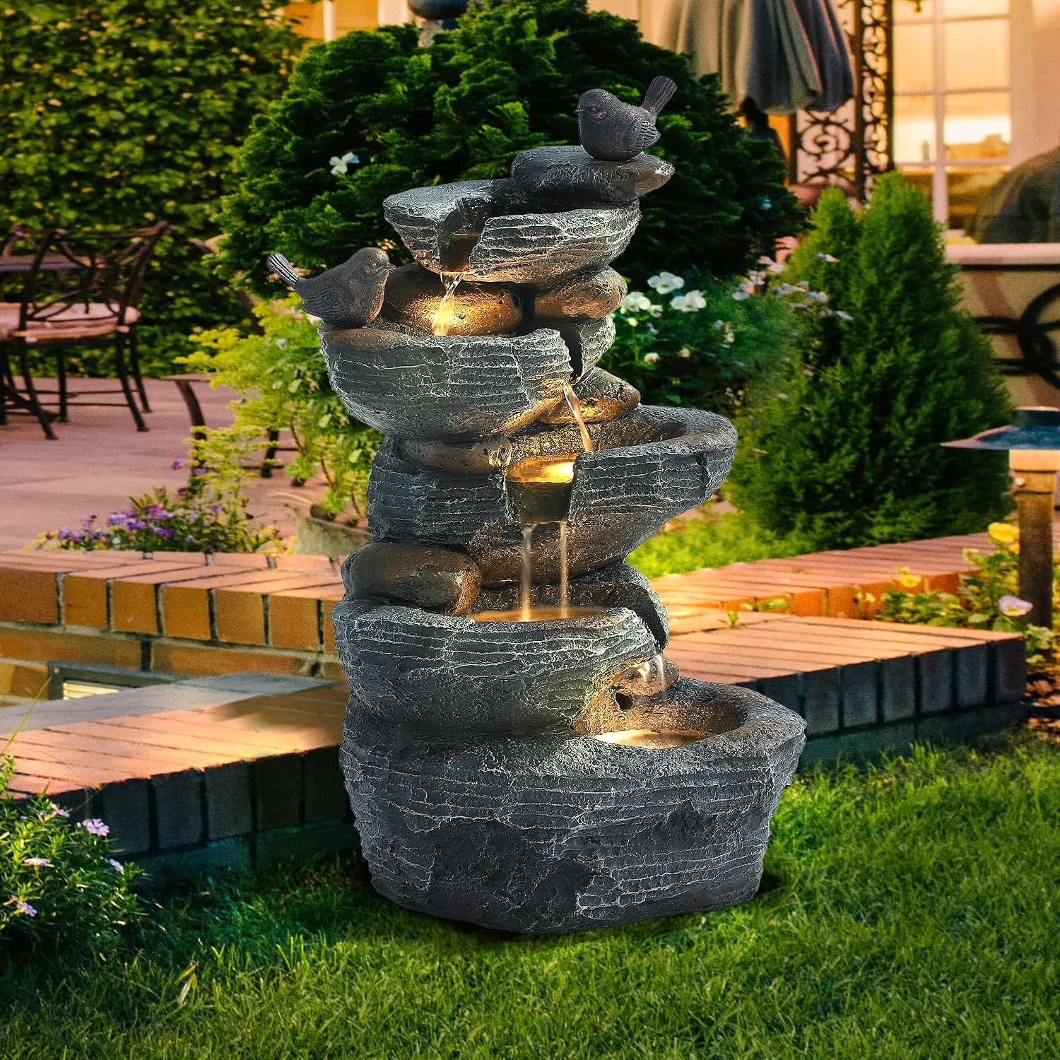 MAGIC UNION 5-Tier Cascading Rock Birds Water Fountain, 26″ H