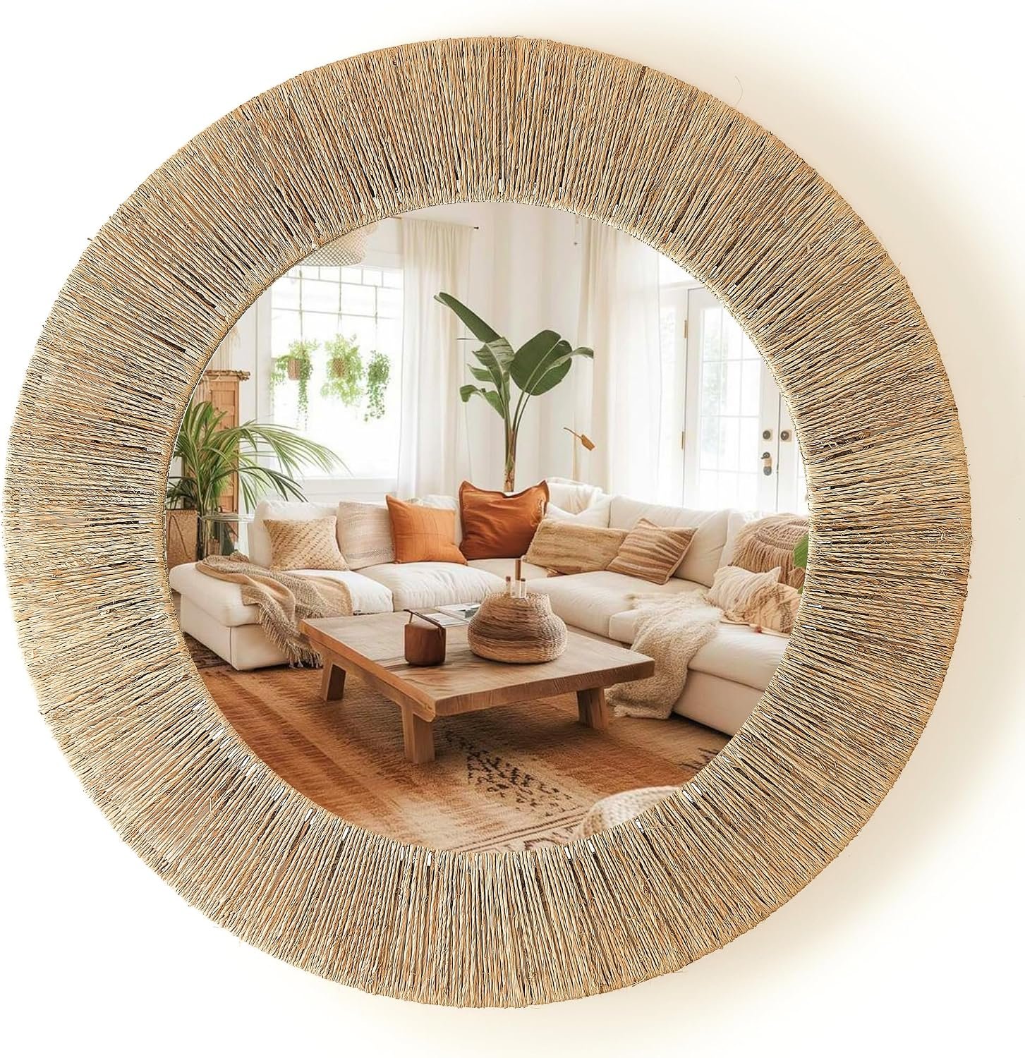 Chi An Home 24 inch Natural Jute Round Wall Mirror, Boho Decor Wall Mirror