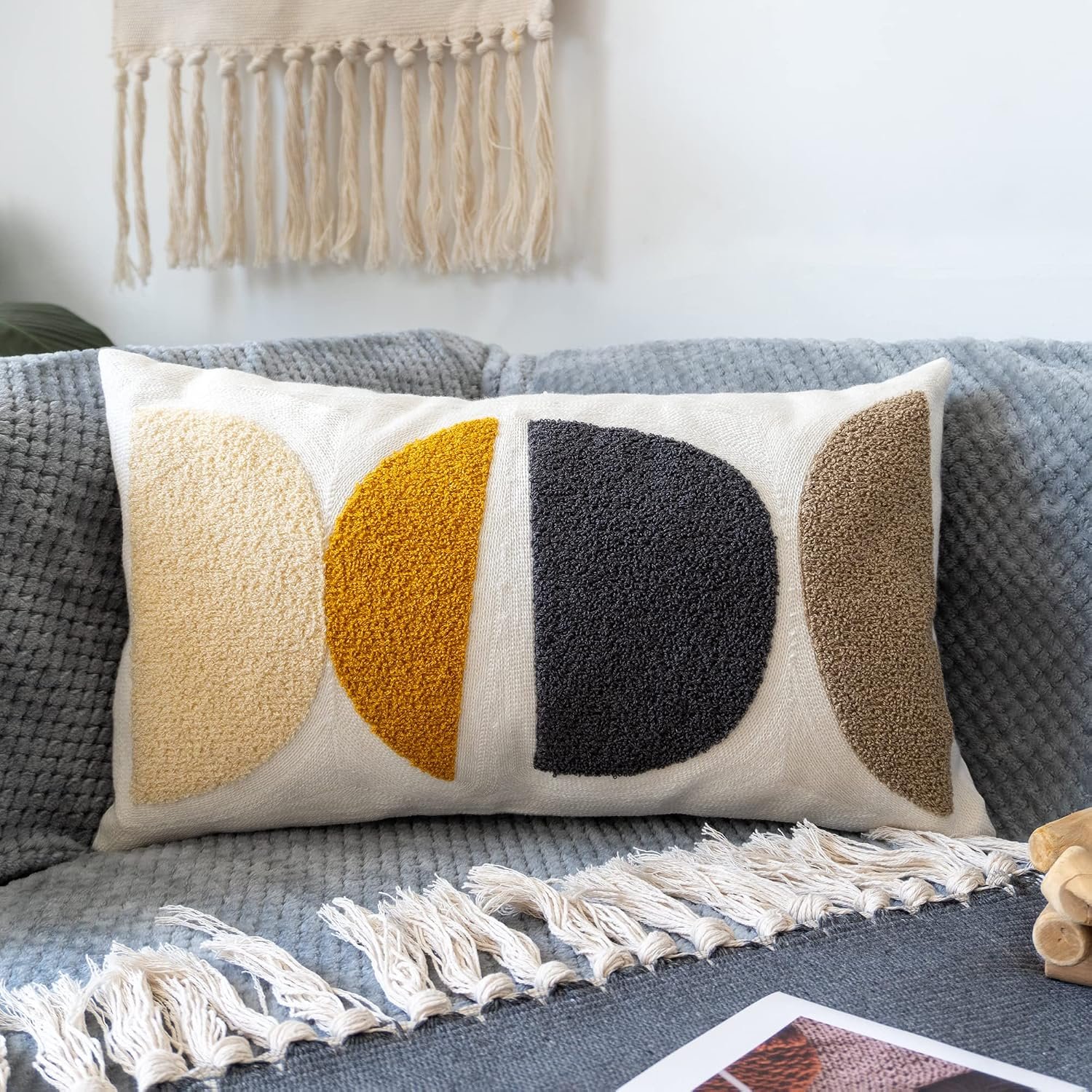 Boho Lumbar Decorative Pillow Cover, Abstract Geo Throw Pillowcase for Retro Mid Century Accent Decor, Modern Rectangle Textured Home Bed Couch Sofa Cushion Sham 12×20, 1PCS(Black Mustard)