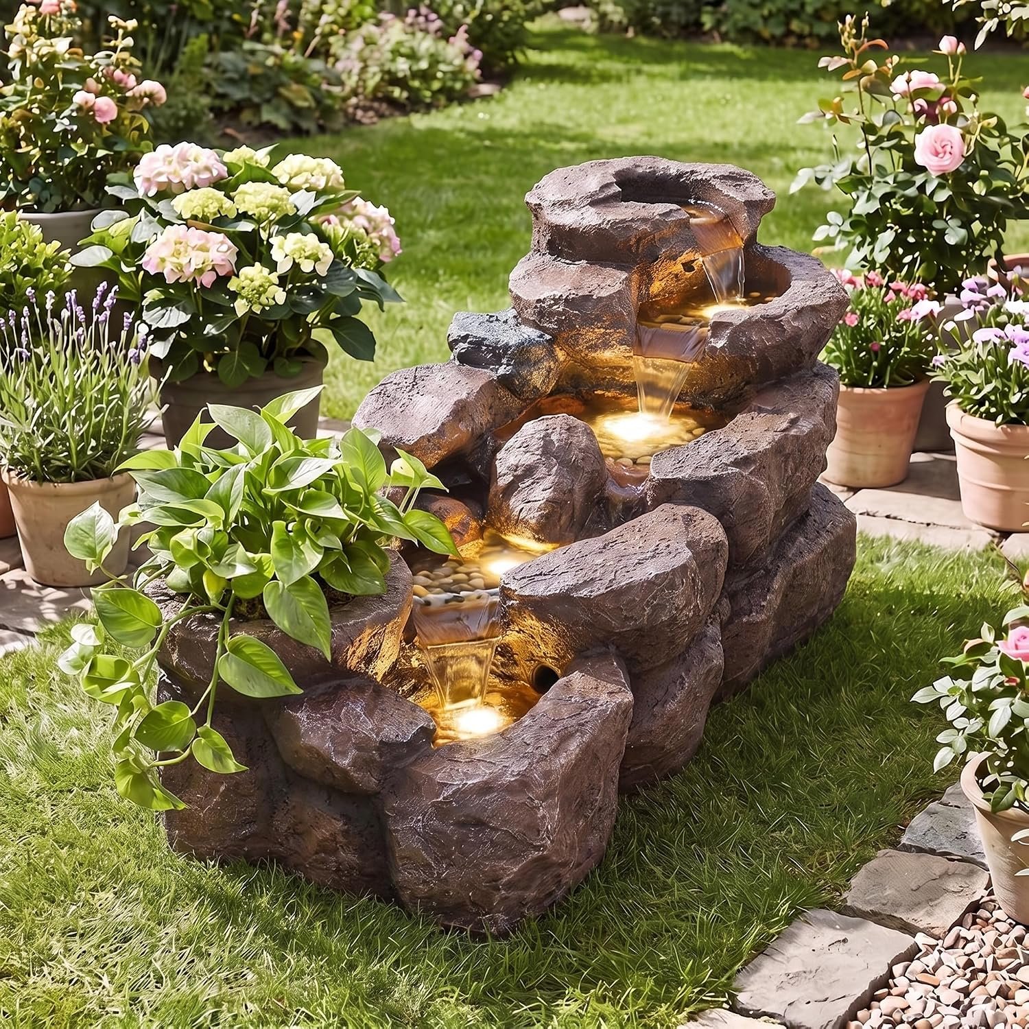 MAGIC UNION 5-Tier Cascading Rock Outdoor Waterfall Fountain, Brown