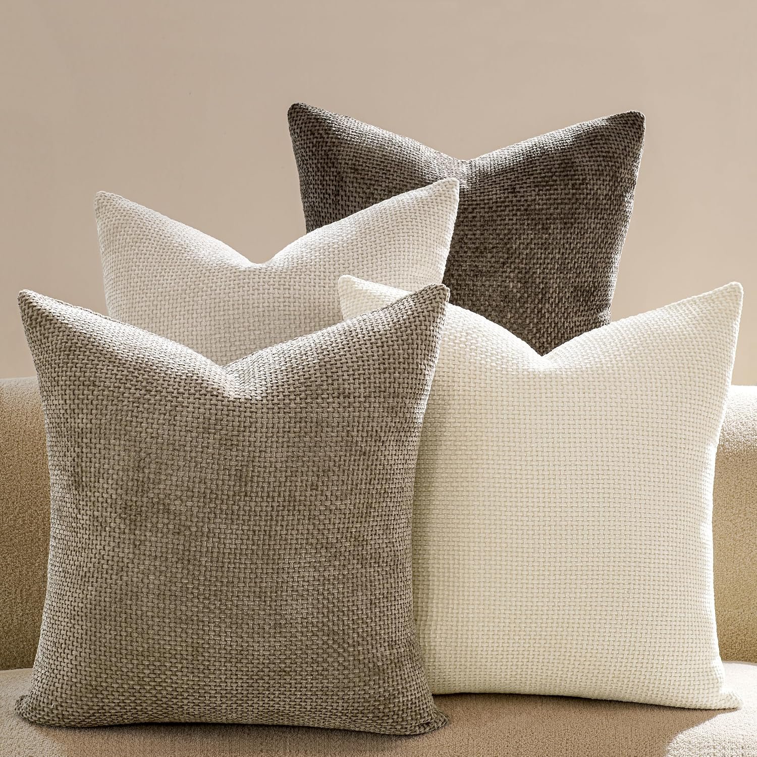 Throw Pillow Covers 18×18 Inch Pack of 4 Neutral Soft Decorative Chenille Pillow Covers Farmhouse Boho Couch Pillow Covers for Home Decor Sofa Bedroom Living Room Decor