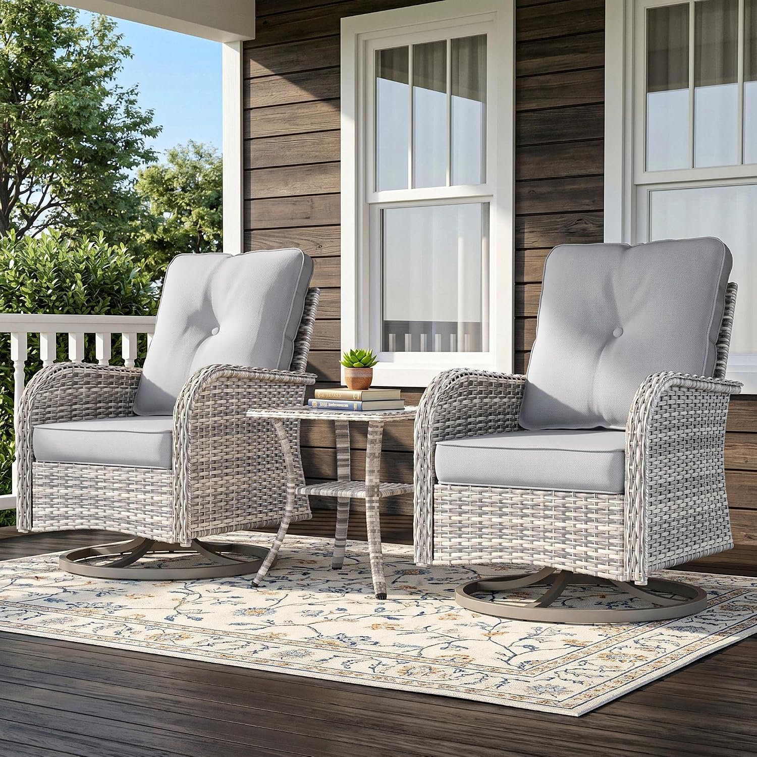 3-Piece Small Patio Furniture Set, Outdoor Swivel Rocking Chairs Set with Wicker Chairs and Tempered Glass Side Table, Outdoor Furniture Patio Bistro Set for Balcony, Deck, Porch