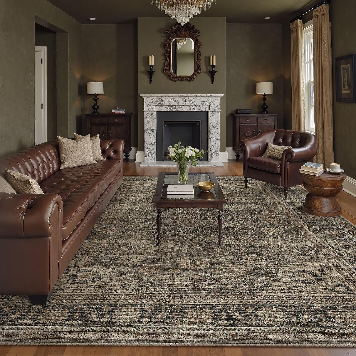 8×10 Washable Area Rug Brown Vintage Rug for Living Room