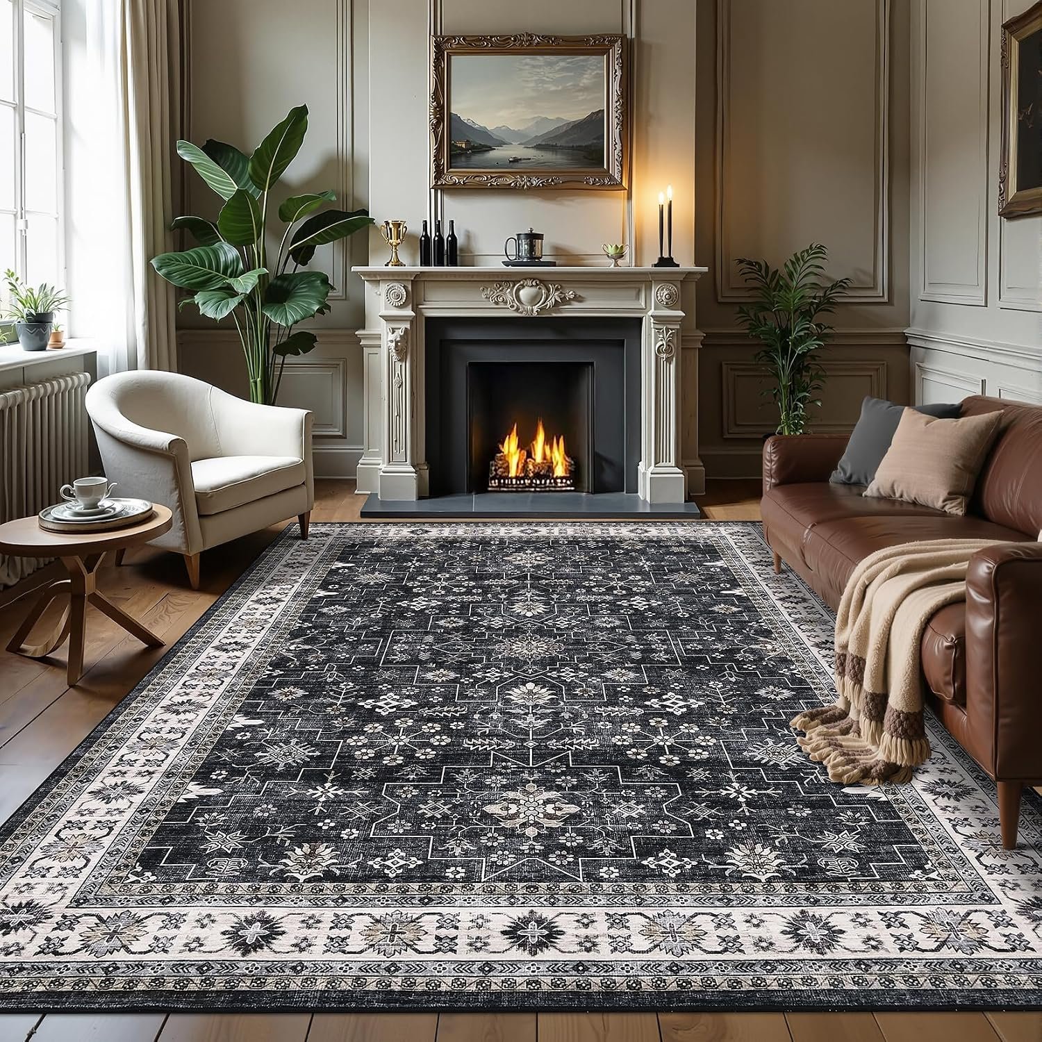 GarveeHome Black Area Rugs 8×10 Washable Rug Living Room Bedroom Vintage Rug