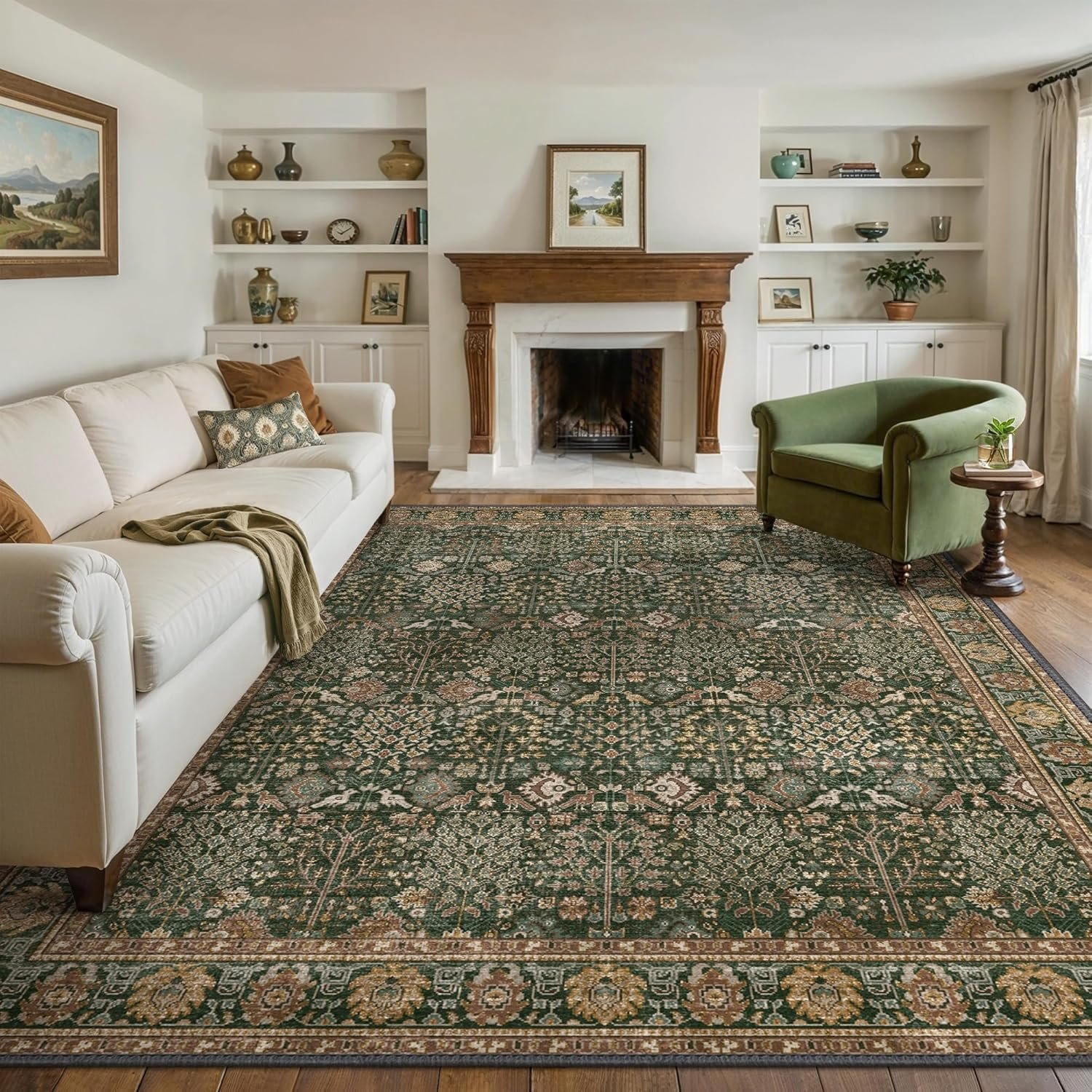 Bavni Washable Rugs 8×10 for Living Room, Vintage Floral, Dark Green Brown