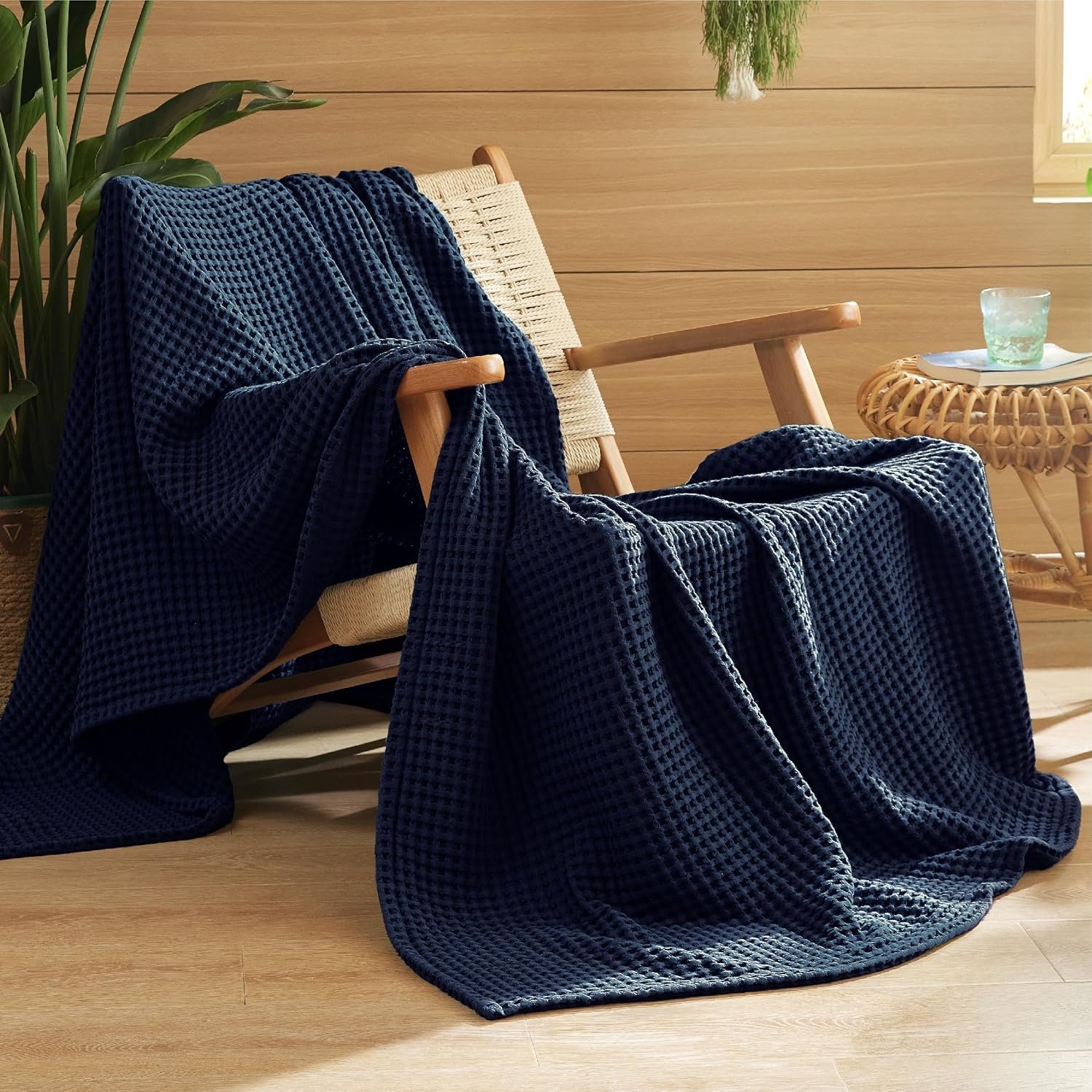 Bedsure Lightweight 100% Cotton Waffle Blanket, Throw XL, Navy Blue