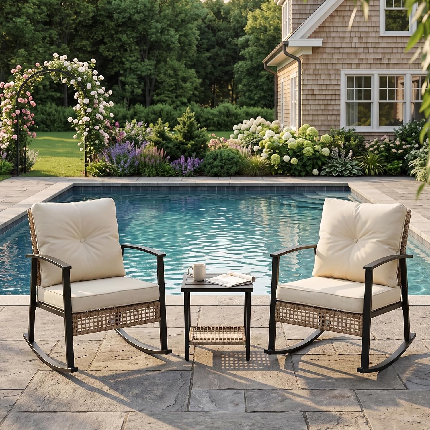 TARKARI 3-Piece Patio Rocking Chairs Set of 2, Rocking Chair Bistro Set [Upgraded 2.0] & 2-Tier Coffee Table, Wicker Rocking Chair Outdoor Patio Furniture Set for Backyard, Porch, Balcony (Beige)