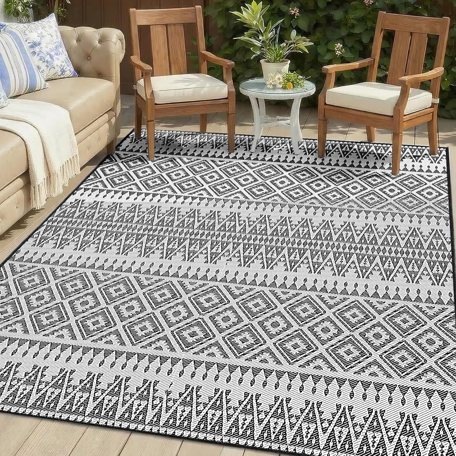 UPGRADE 8ft x 10ft Waterproof Outdoor Rug, Reversible Plastic Patio Rug, UV Resistant Straw Camping Mat with Carry Bag for RV Beach Deck Backyard, Black & White