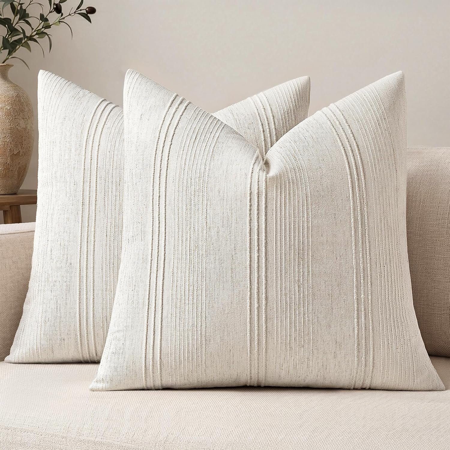 MIULEE Decorative Striped Throw Pillow Covers 20×20 in Natural Beige 2 Pack