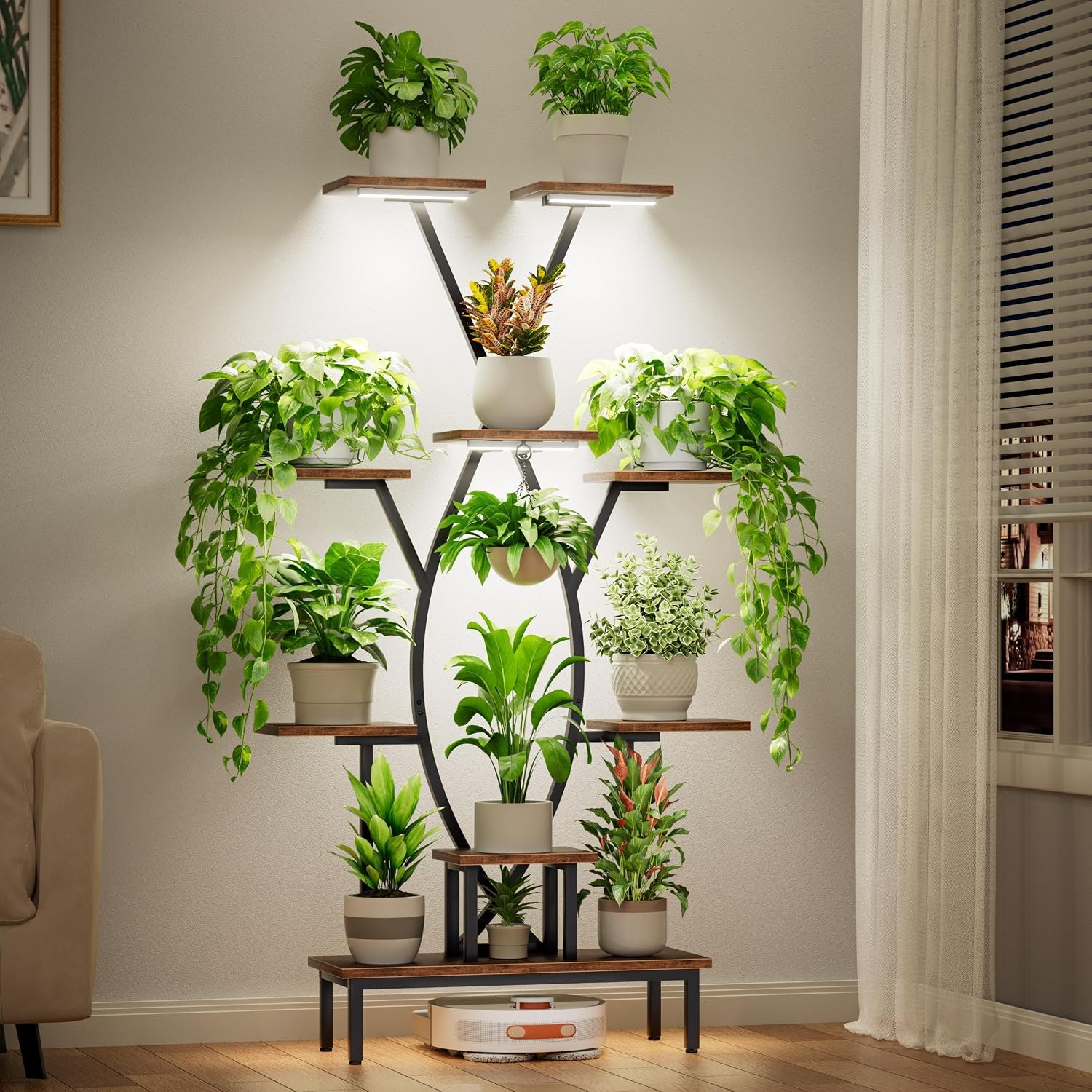 JUSTOGO Plant Stand Indoor with Grow Lights – 9 Tiered Tall Plant Shelf